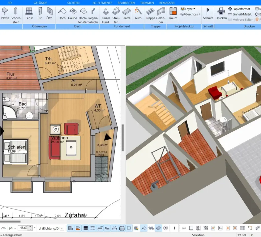 Grundriss-Ansicht im Plan7Architekt Einfache Raumplanung in der 2D-Darstellung