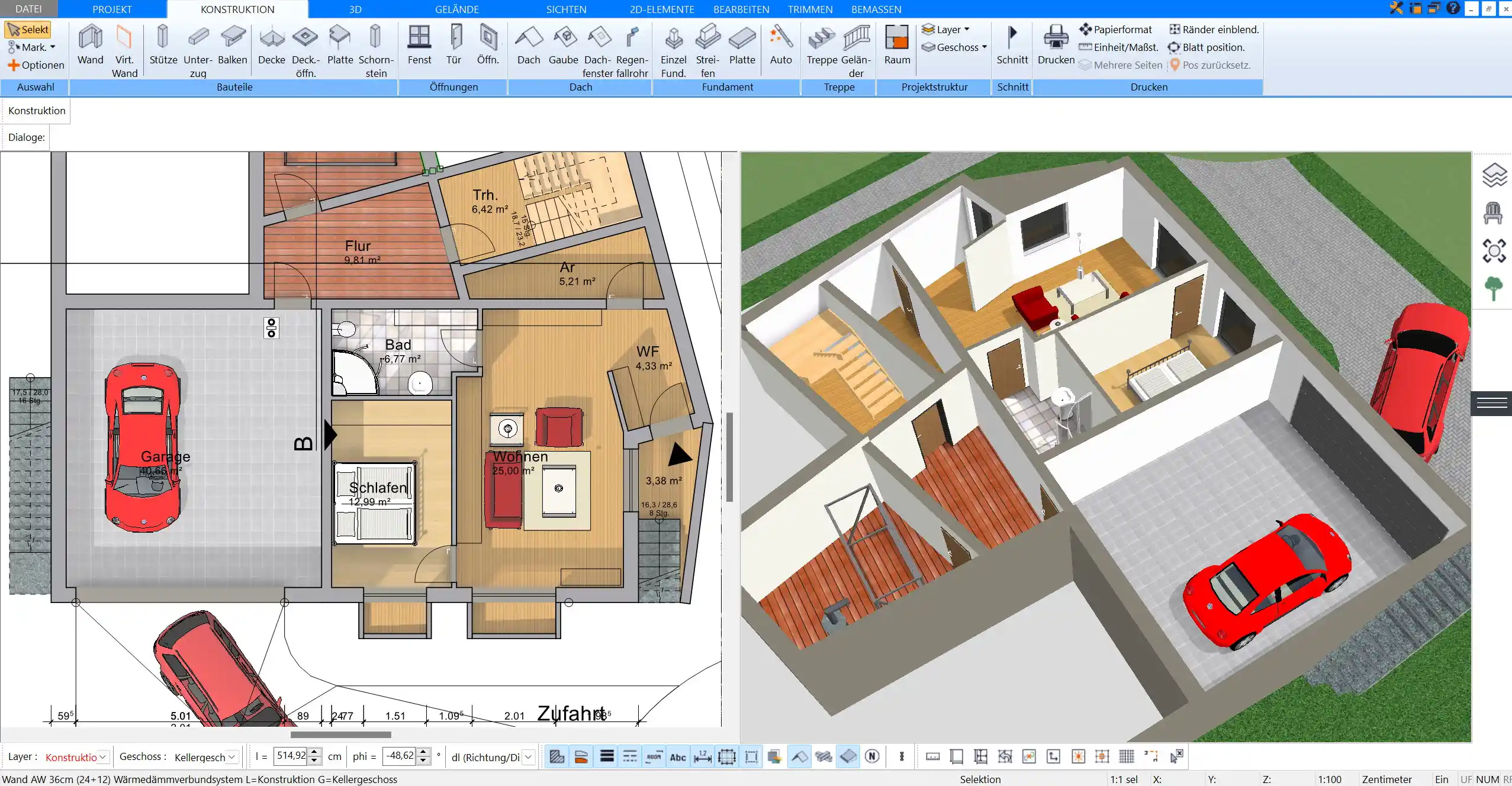 Grundriss-Ansicht im Plan7Architekt Einfache Raumplanung in der 2D-Darstellung