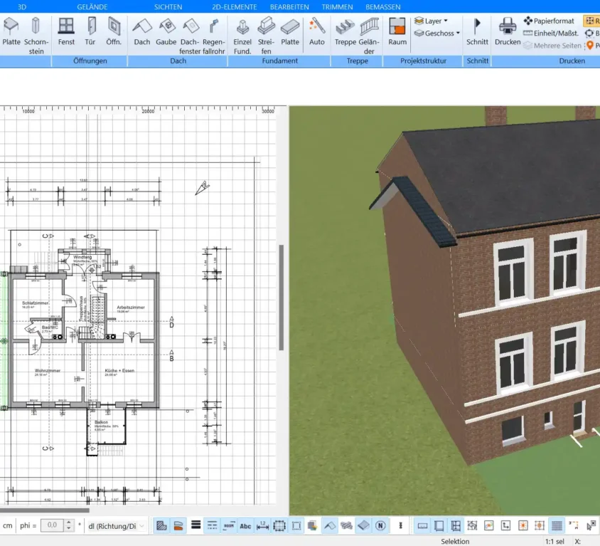 Grundriss einer 2-Zimmer-Wohnung in der Plan7Architekt Software erstellt. Fenster, Türen und Raumaufteilung lassen sich individuell anpassen