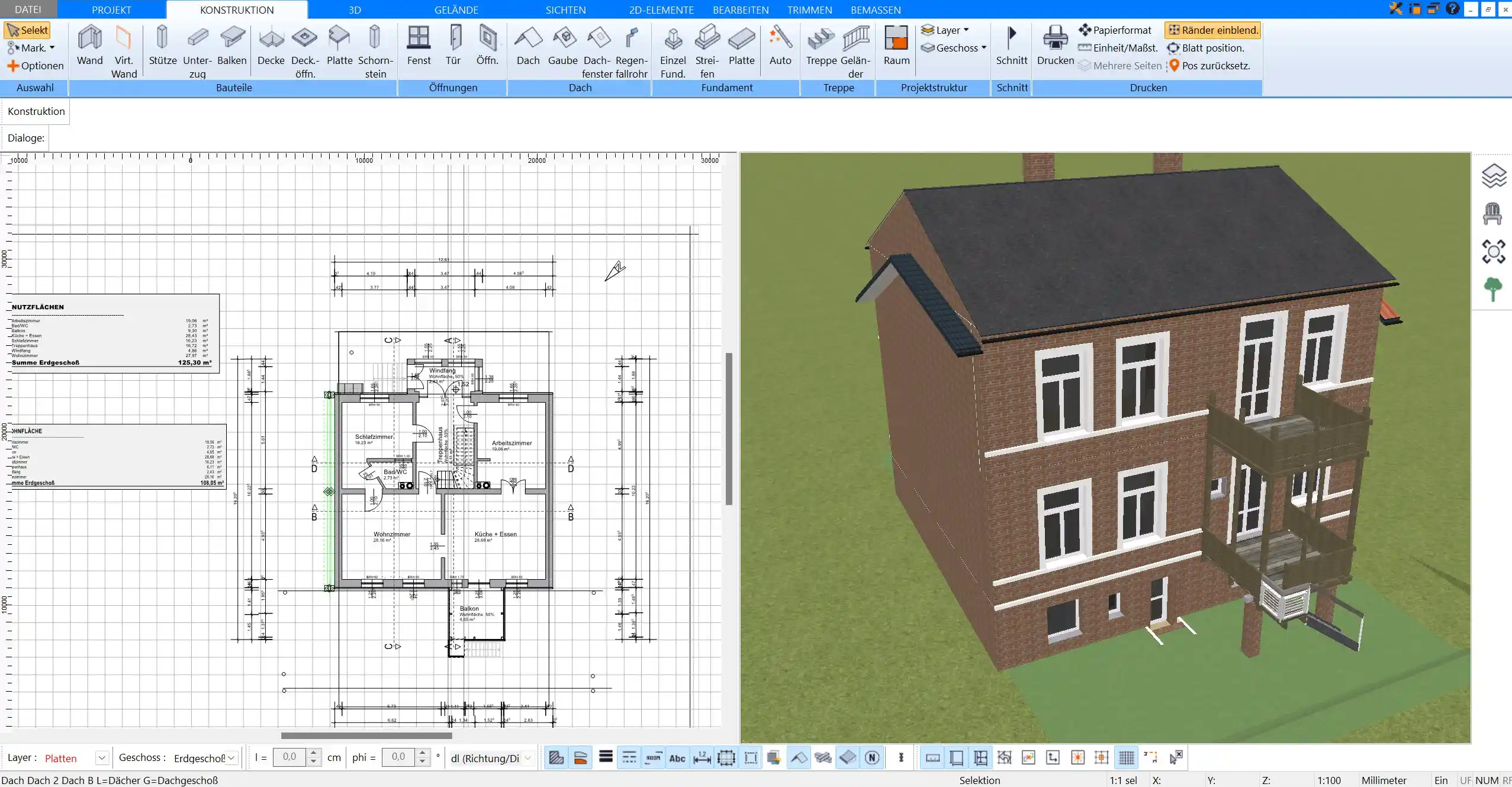 Grundriss einer 2-Zimmer-Wohnung in der Plan7Architekt Software erstellt. Fenster, Türen und Raumaufteilung lassen sich individuell anpassen