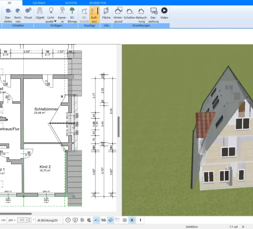 Grundriss eines Nurdachhauses im Plan7Architekt in der 2D-Ansicht Maßgenaue Planung von Wänden, Türen und Fenstern