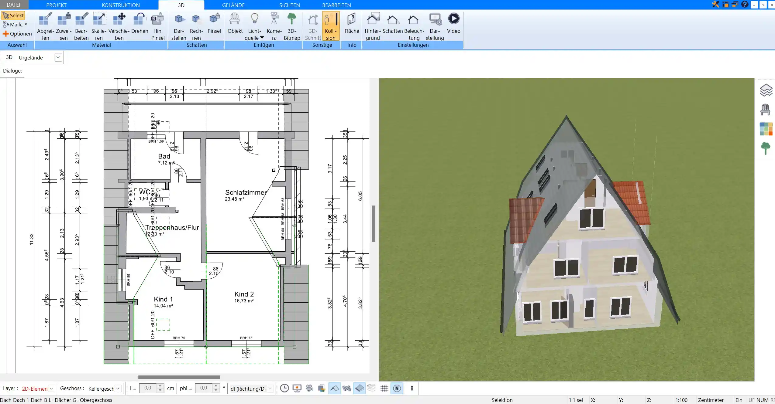 Grundriss eines Nurdachhauses im Plan7Architekt in der 2D-Ansicht Maßgenaue Planung von Wänden, Türen und Fenstern