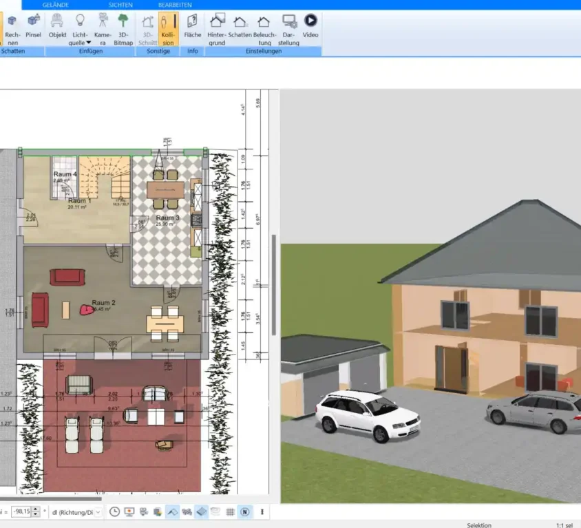 Grundriss in 2D erstellen – Ein detaillierter 2D-Grundriss eines Einfamilienhauses, erstellt mit Plan7Architekt