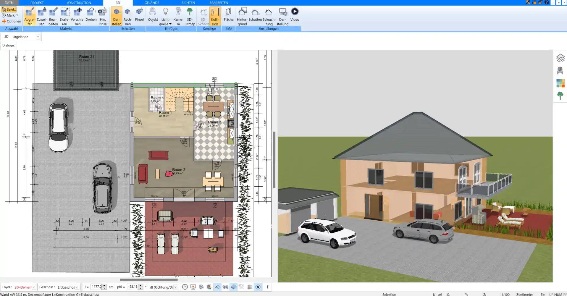 Grundriss in 2D erstellen – Ein detaillierter 2D-Grundriss eines Einfamilienhauses, erstellt mit Plan7Architekt