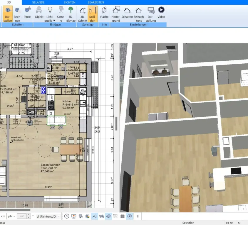 Grundriss in der Plan7Architekt-Software vorbereitet und bereit zur Querschnitt-Erstellung