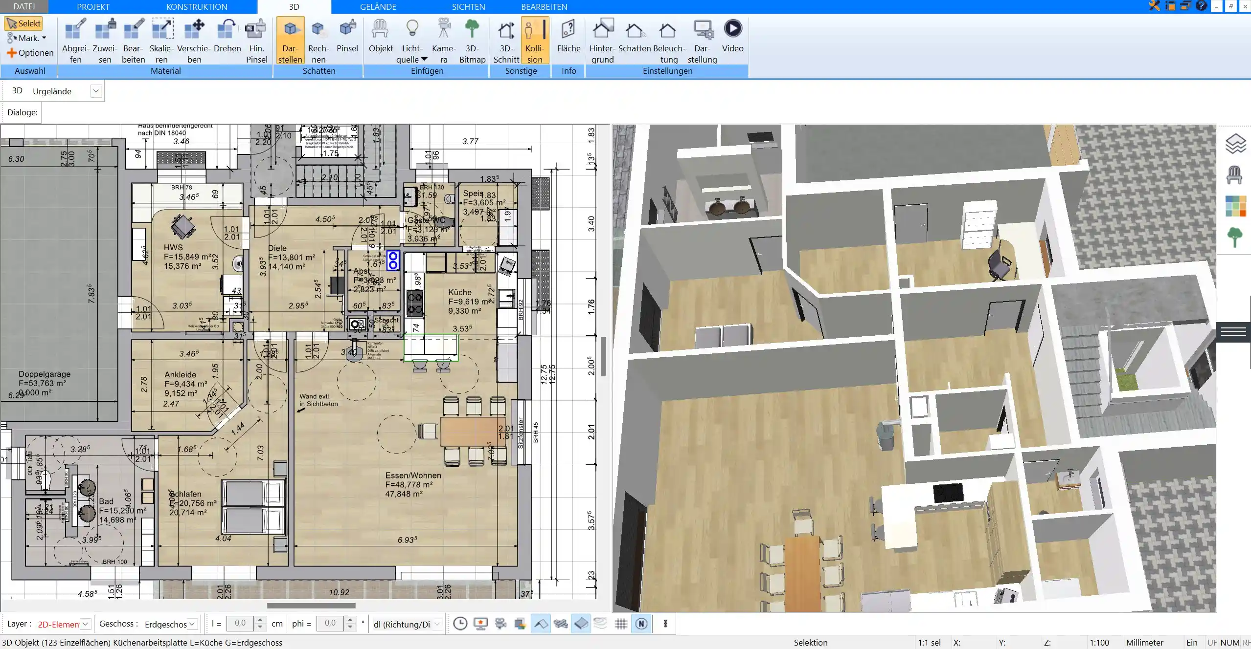 Grundriss in der Plan7Architekt-Software vorbereitet und bereit zur Querschnitt-Erstellung