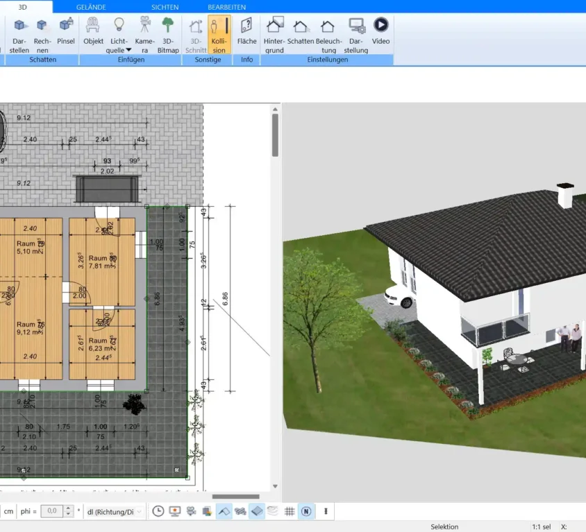 Grundriss in der Plan7Architekt-Software vorbereitet und bereit zur Querschnitt-Erstellung