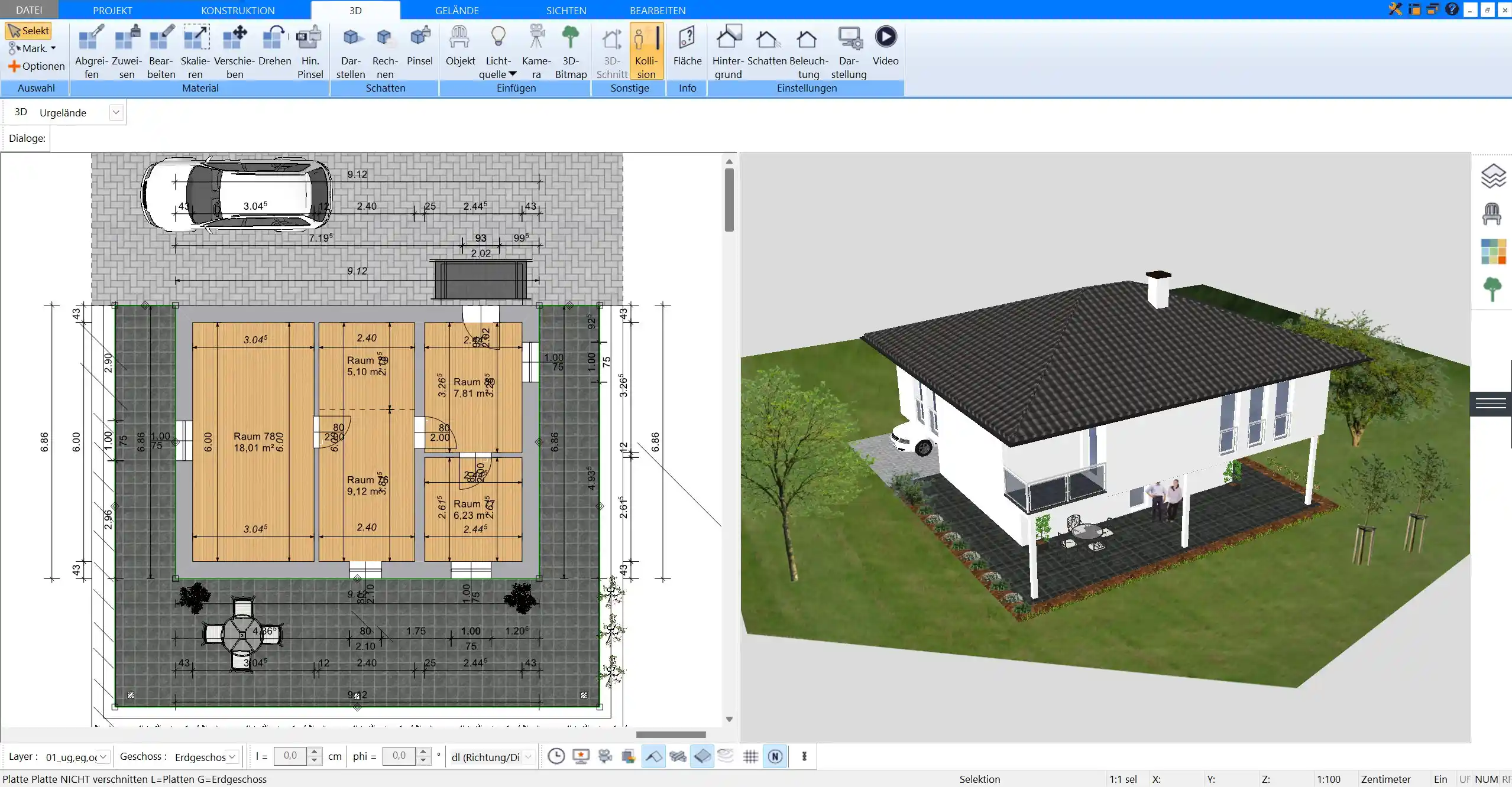 Grundriss in der Plan7Architekt-Software vorbereitet und bereit zur Querschnitt-Erstellung