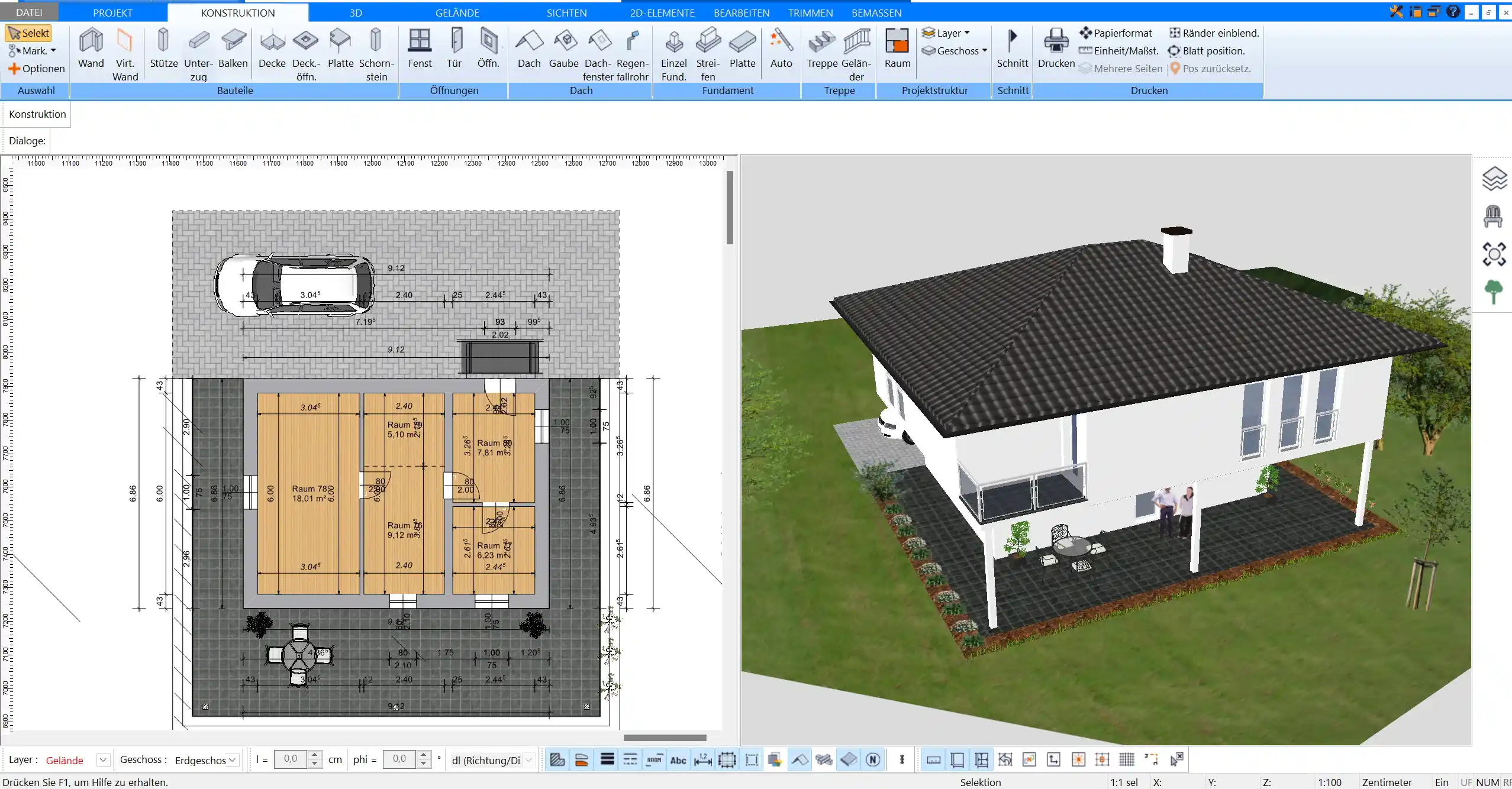 Grundrisszeichnung in Plan7Architekt Präzise Werkzeuge für exakte Pläne im Maßstab 1100