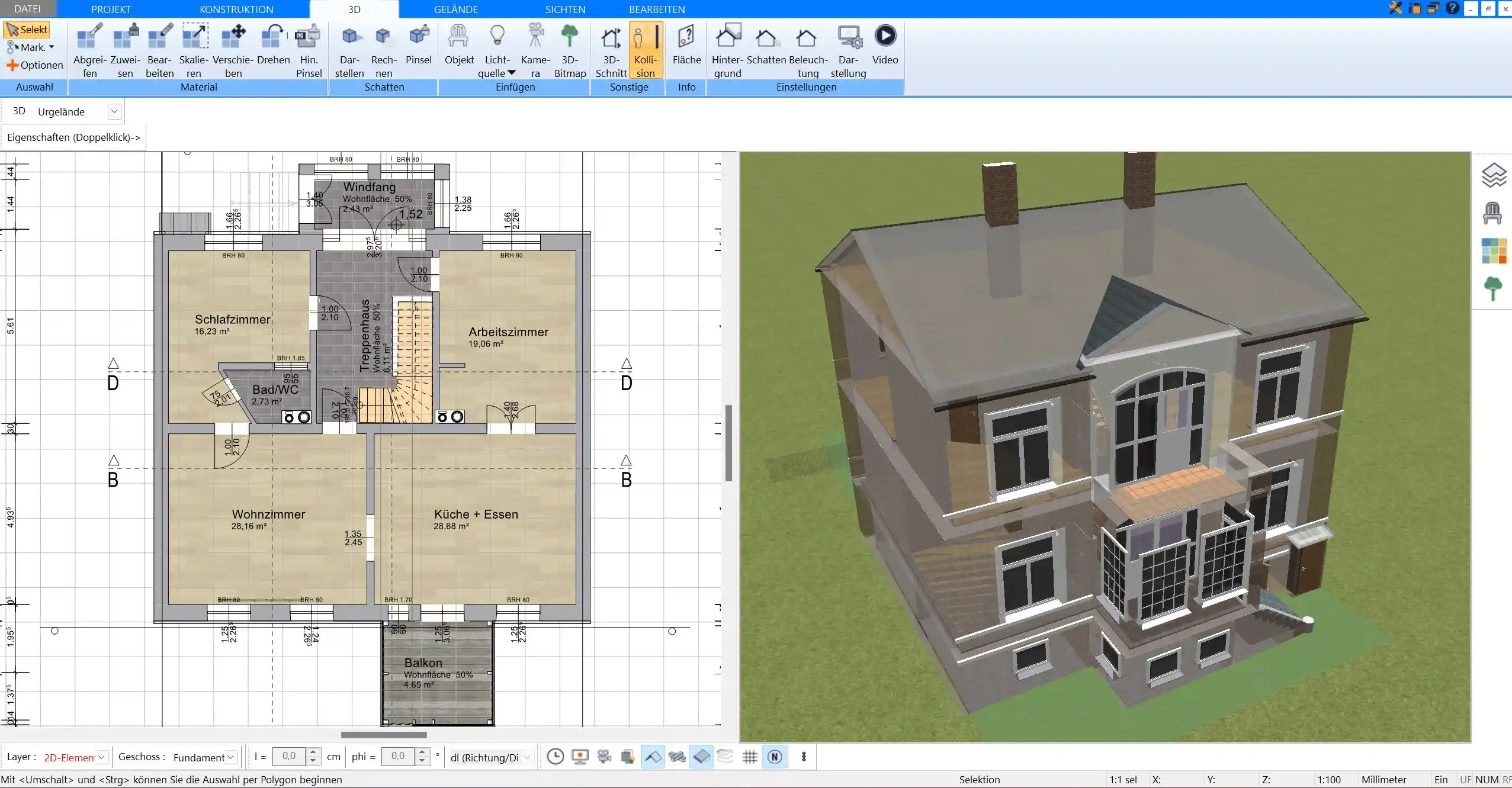 Import eines Architekten-Grundrisses im DWG- oder DXF-Format. Die Bearbeitung ist im 2D-Modus möglich, für eine 3D-Ansicht sollte der Grundriss nachgezeichnet werden