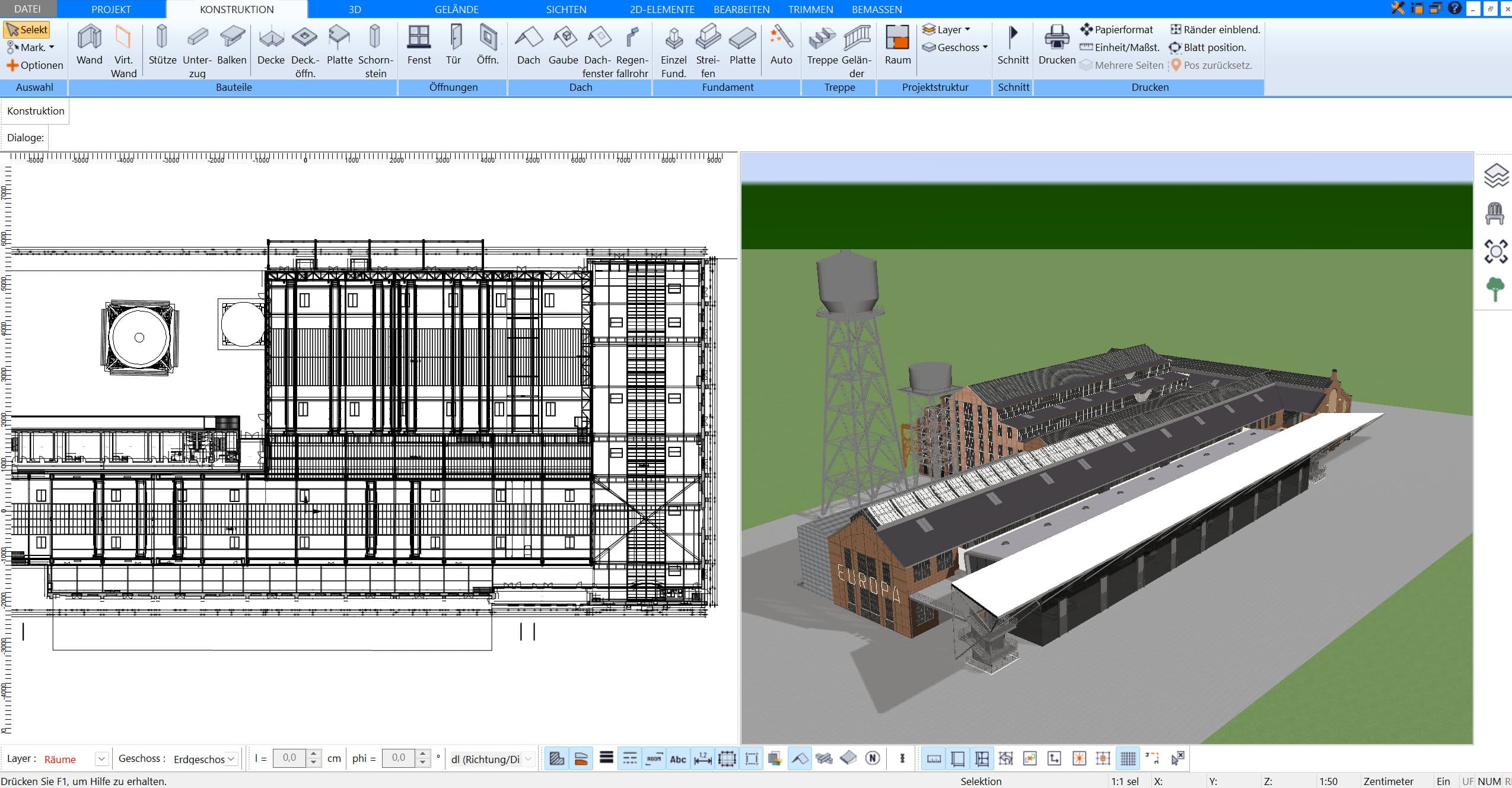 In der 3D-Ansicht können Sie die Lagerhalle realistisch visualisieren und Details wie Tore und Zugänge überprüfen