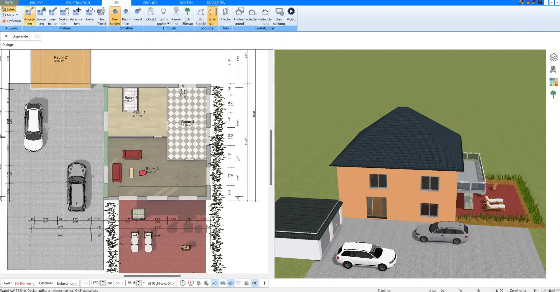 Mit der 3D-Ansicht des Plan7Architekt lässt sich die Anordnung der Möbel visualisieren und anpassen