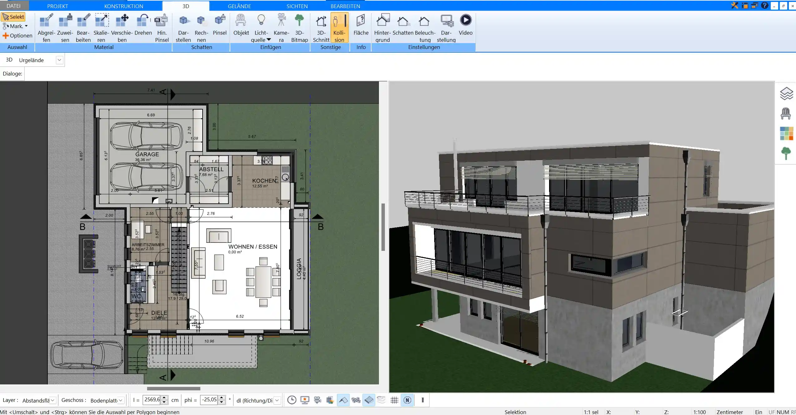 Möblierung einer 2-Zimmer-Wohnung im Plan7Architekt. Möbel können per Drag-and-Drop platziert und individuell angepasst werden