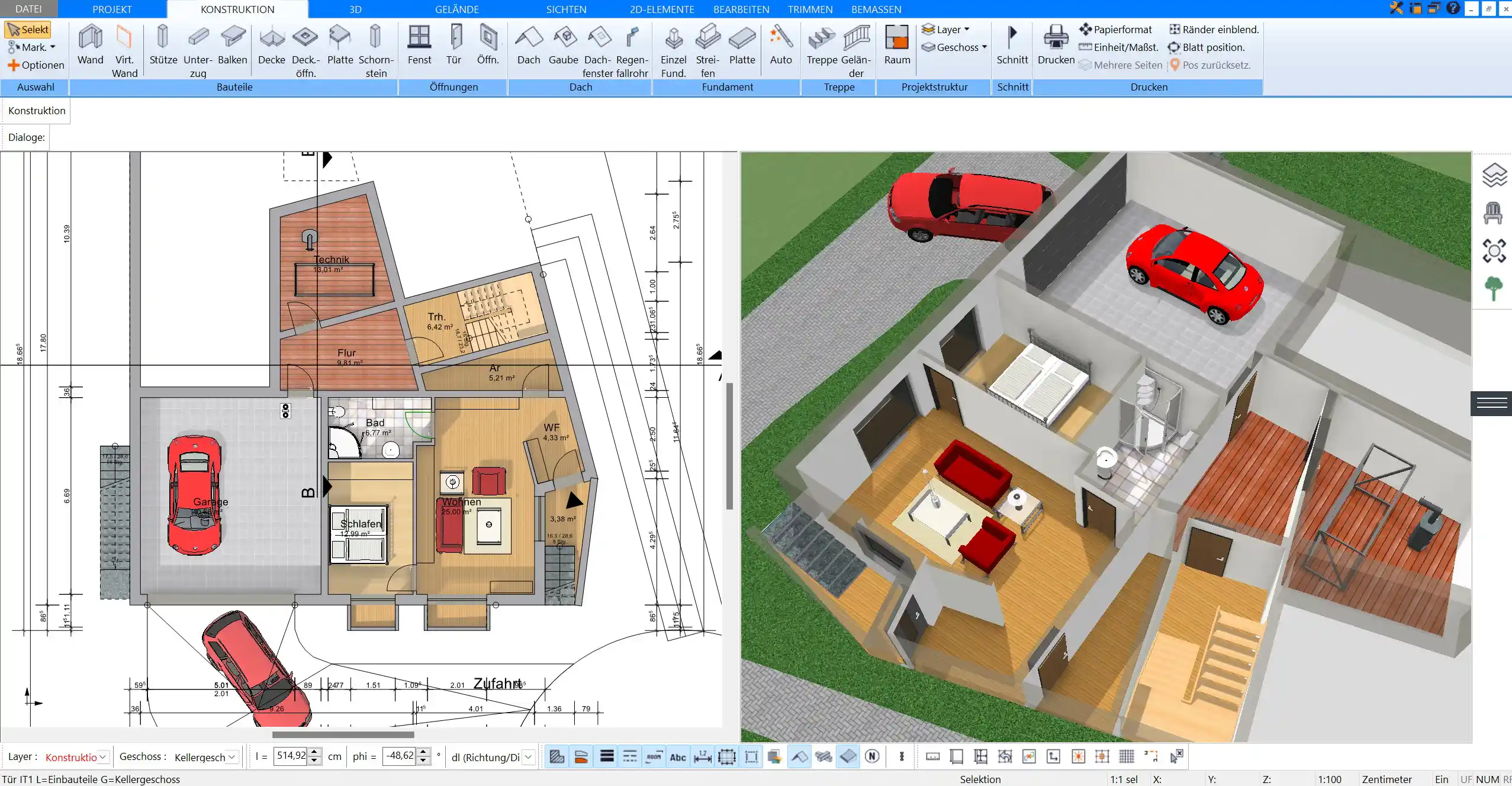 Raumplanung mit vordefinierten Bauelementen Fenster, Türen und Treppen werden per Drag-and-Drop in den Grundriss eingefügt, um den Planungsprozess zu beschleunigen