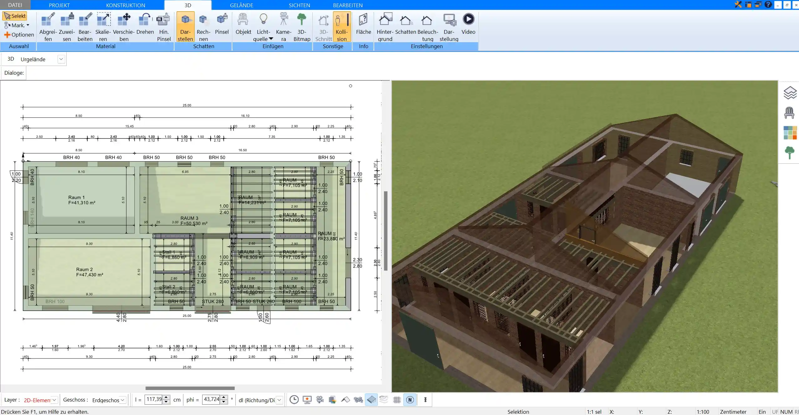 Realistische 3D-Ansicht der geplanten Gewerbehalle zur besseren Einschätzung der Raumaufteilung