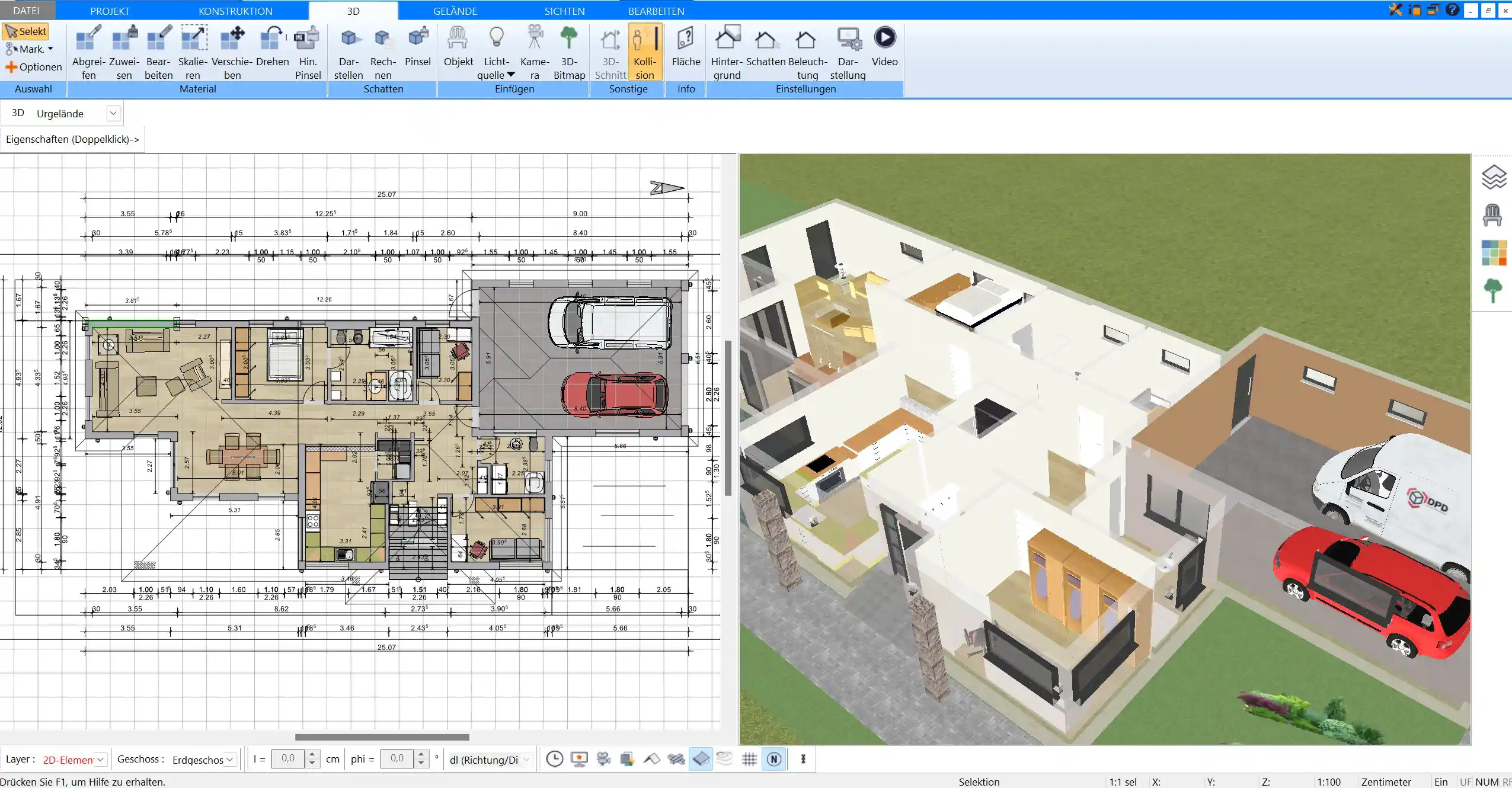 Realistische 3D-Ansicht einer geplanten 2-Zimmer-Wohnung. Die 3D-Visualisierung hilft, die Raumwirkung und Einrichtung besser zu beurteilen