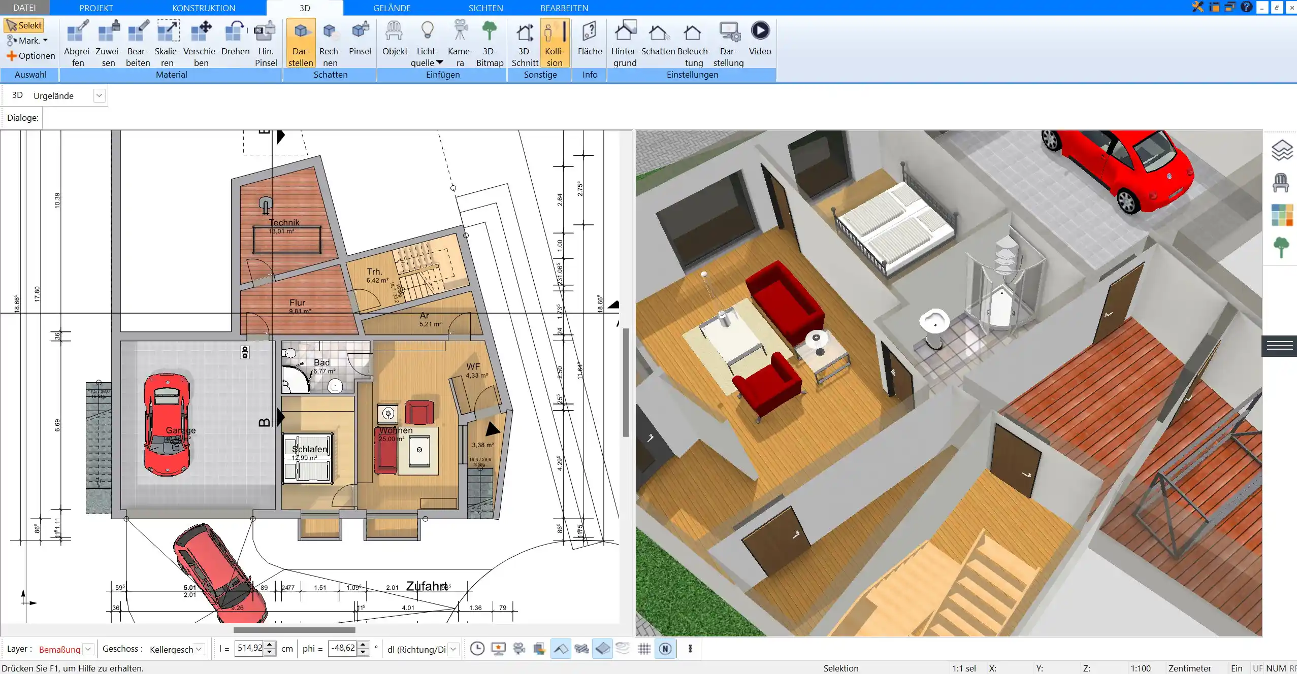 Realistische 3D-Ansicht eines Wohnzimmers – das fertige Zimmer in der Visualisierung