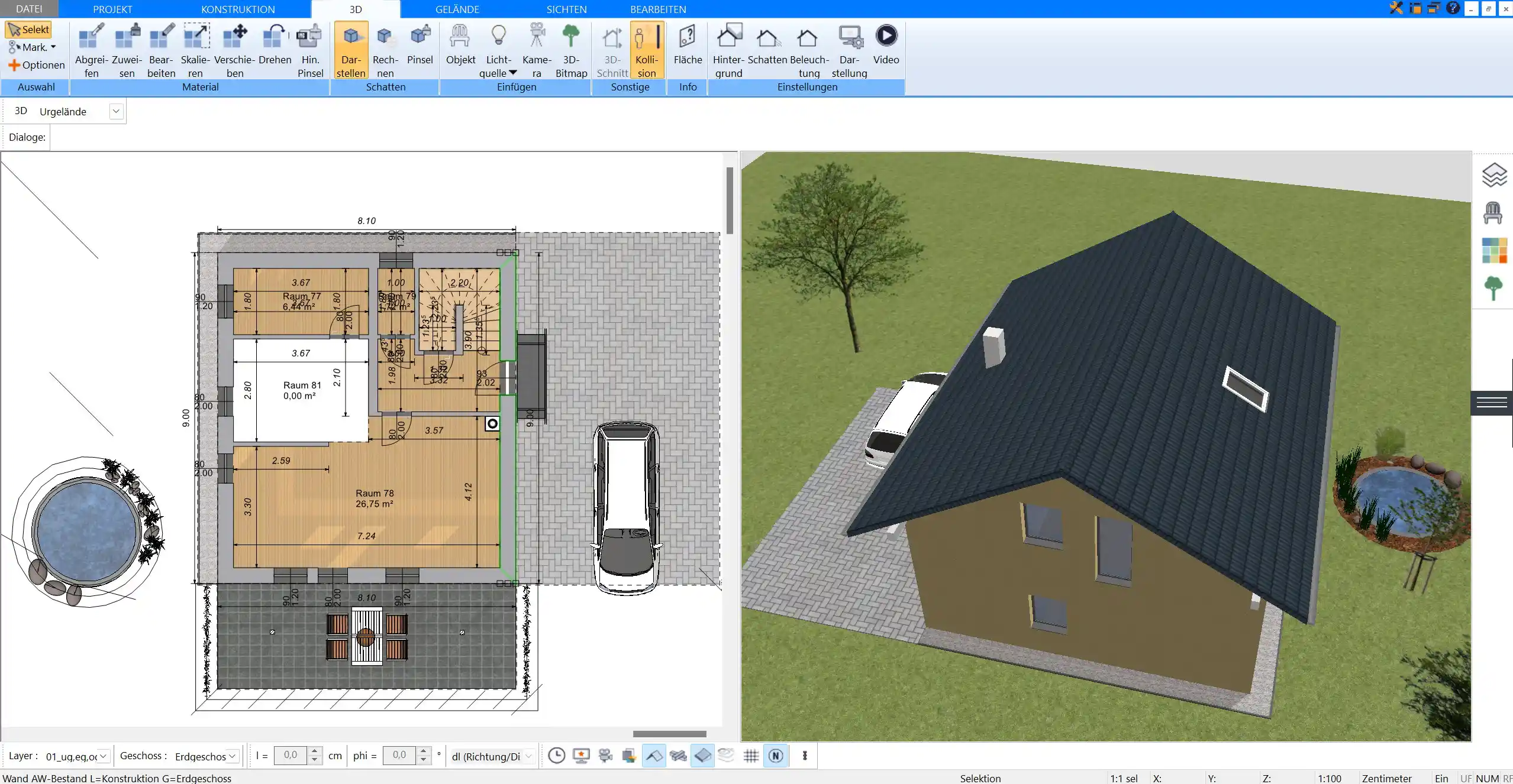 Screenshot des Plan7Architekt-Startbildschirms mit hervorgehobener Einstellung zum Ausschließen des Kellers