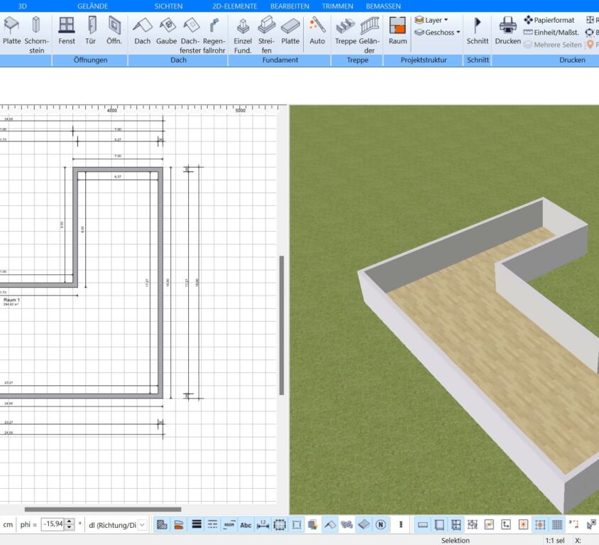 So sieht ein U-Form Grundriss im Plan7Architekt aus Die 3D-Ansicht hilft bei der Visualisierung von Räumen und Raumaufteilung