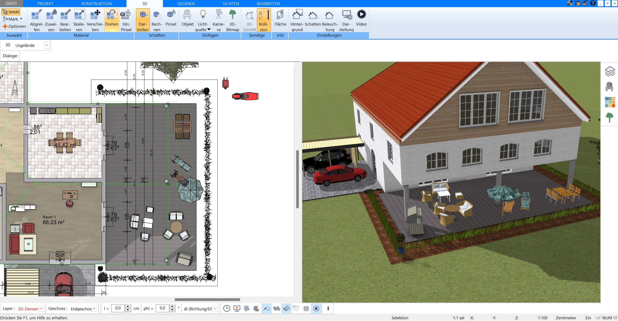 Terrasse in der 3D-Ansicht des Plan7Architekt visualisieren und prüfen