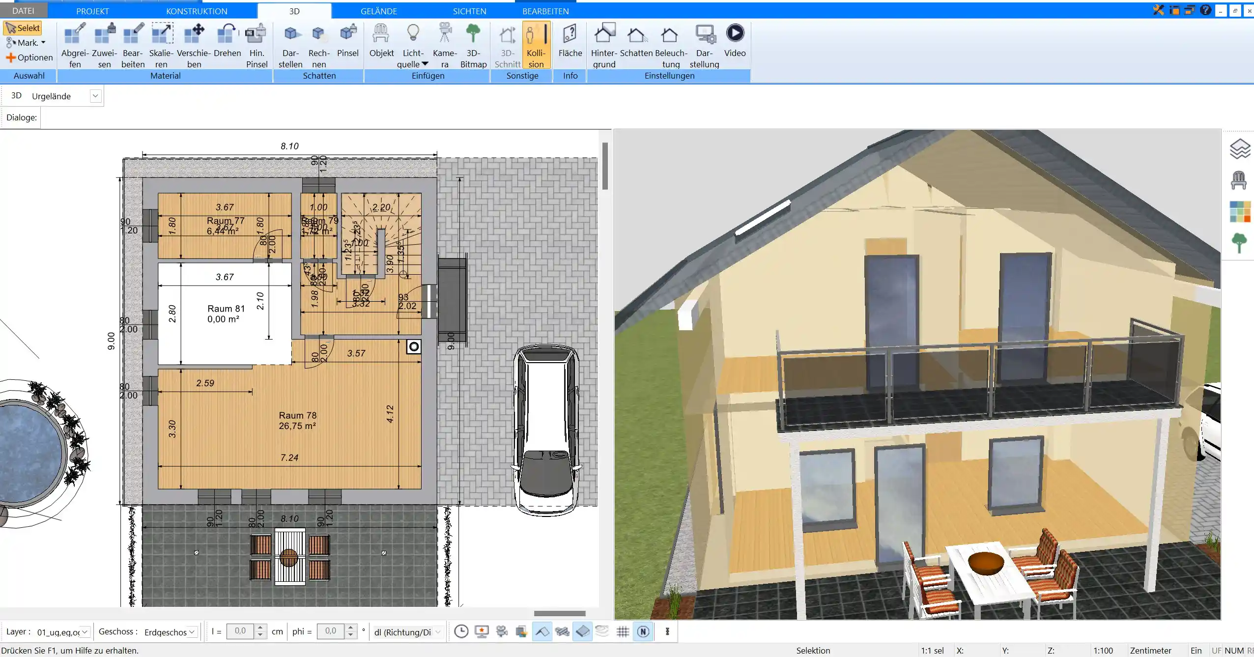 Visualisierung in 2D und 3D Plan7Architekt ermöglicht es, den Bauantrags-Grundriss auch in 3D darzustellen