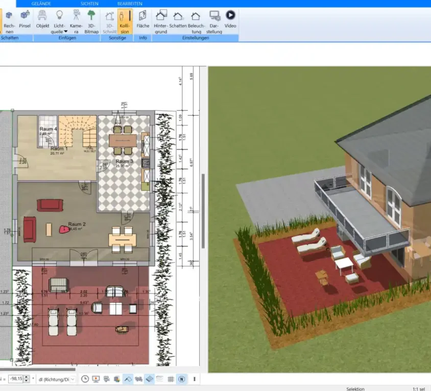 Zeichnen Sie den Grundriss Ihres Hauses in der 2D-Ansicht mit präzisen Maßangaben