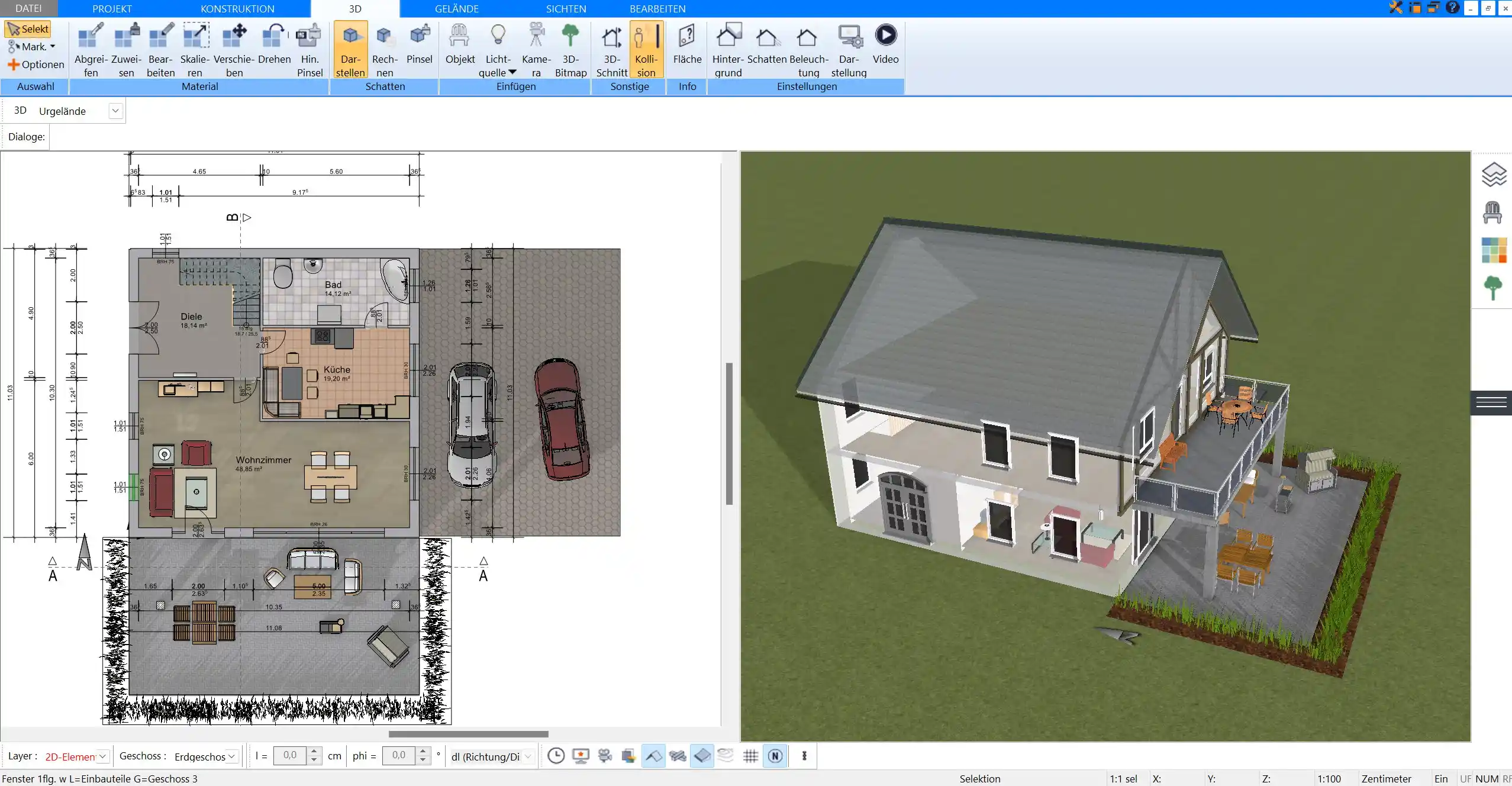 3D-Ansicht der Tankstelle Die gesamte Tankstellenplanung in realistischer 3D-Visualisierung, erstellt mit der Plan7Architekt-Software