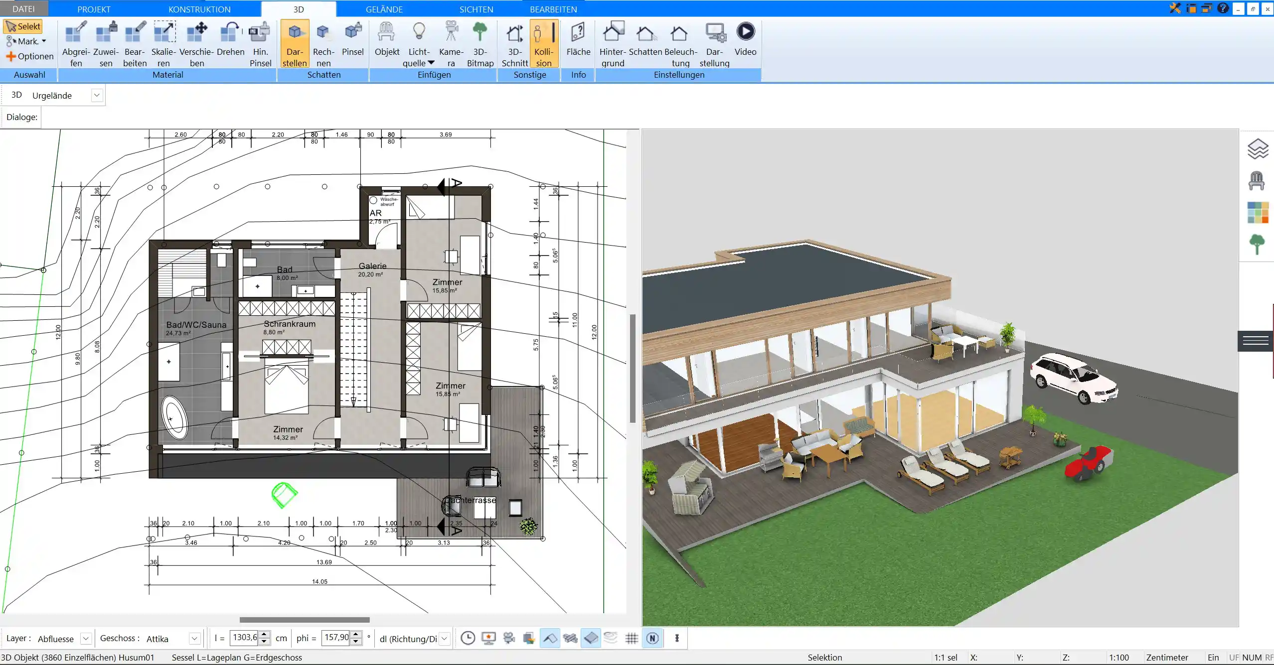 3D-Visualisierung des Atriumhauses (erstellt mit Plan7Architekt)