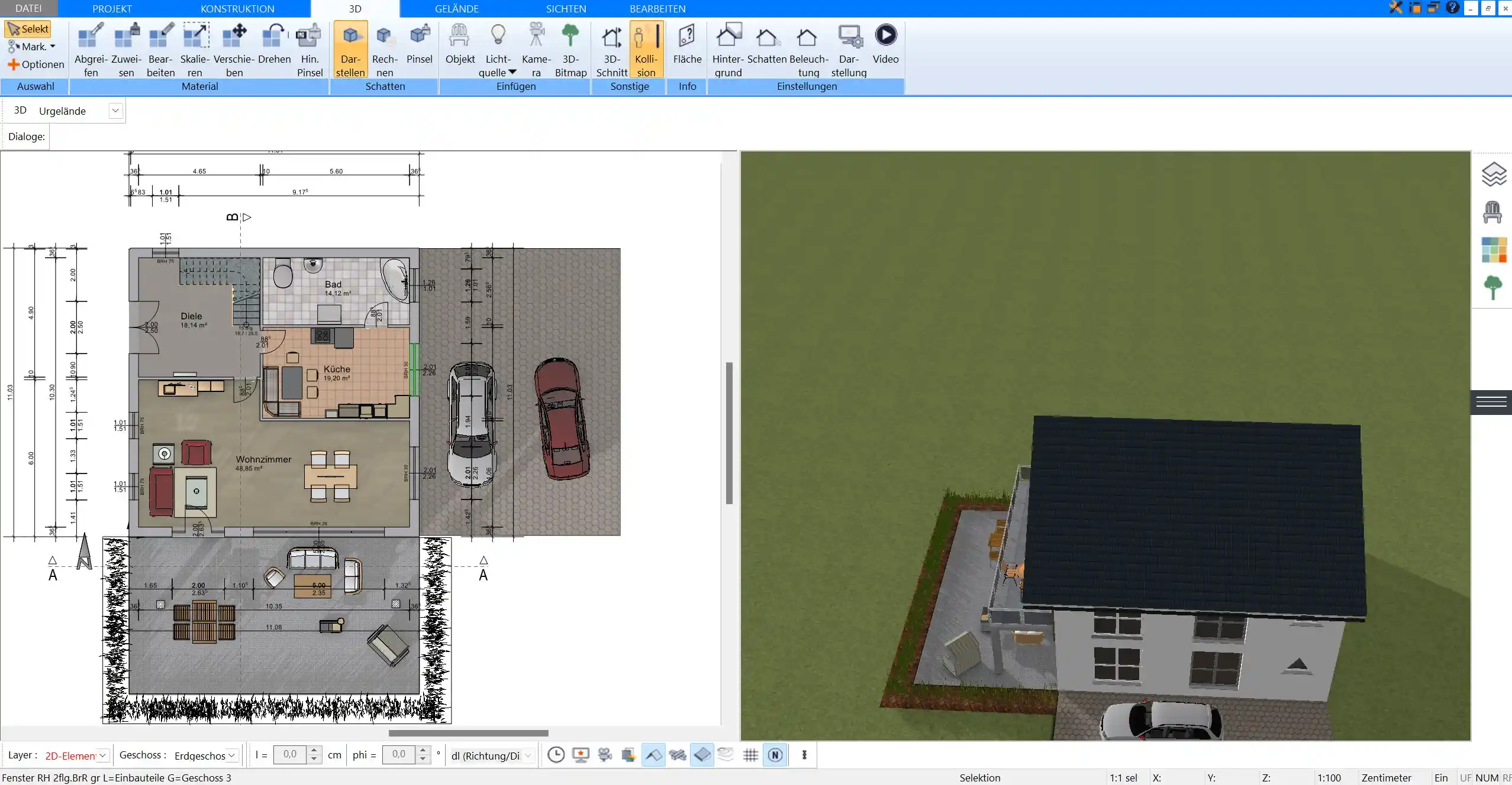 3D-Visualisierung des Grundrisses Die 3D-Ansicht ermöglicht eine virtuelle Begehung des geplanten Hauses