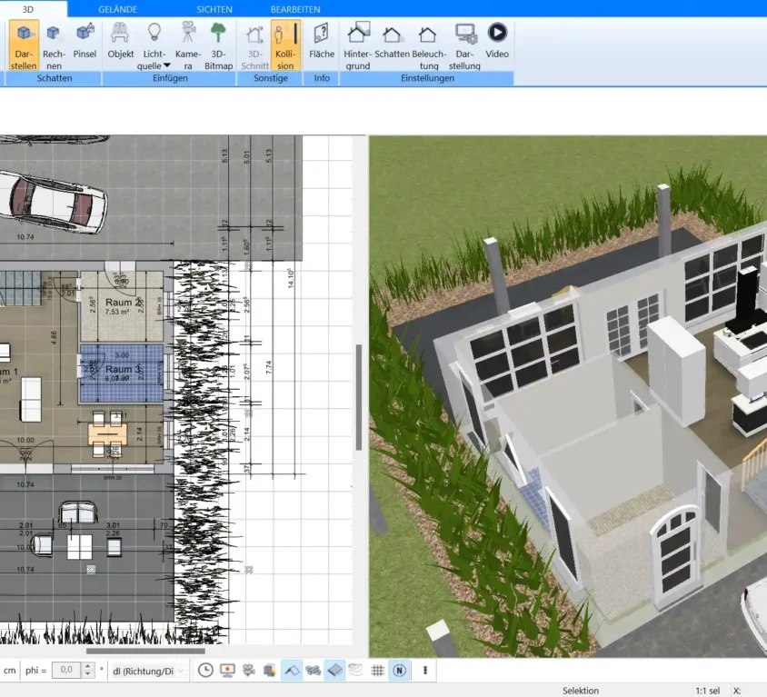 3D-Visualisierung eines modernen Bungalow-Grundrisses mit Plan7Architekt