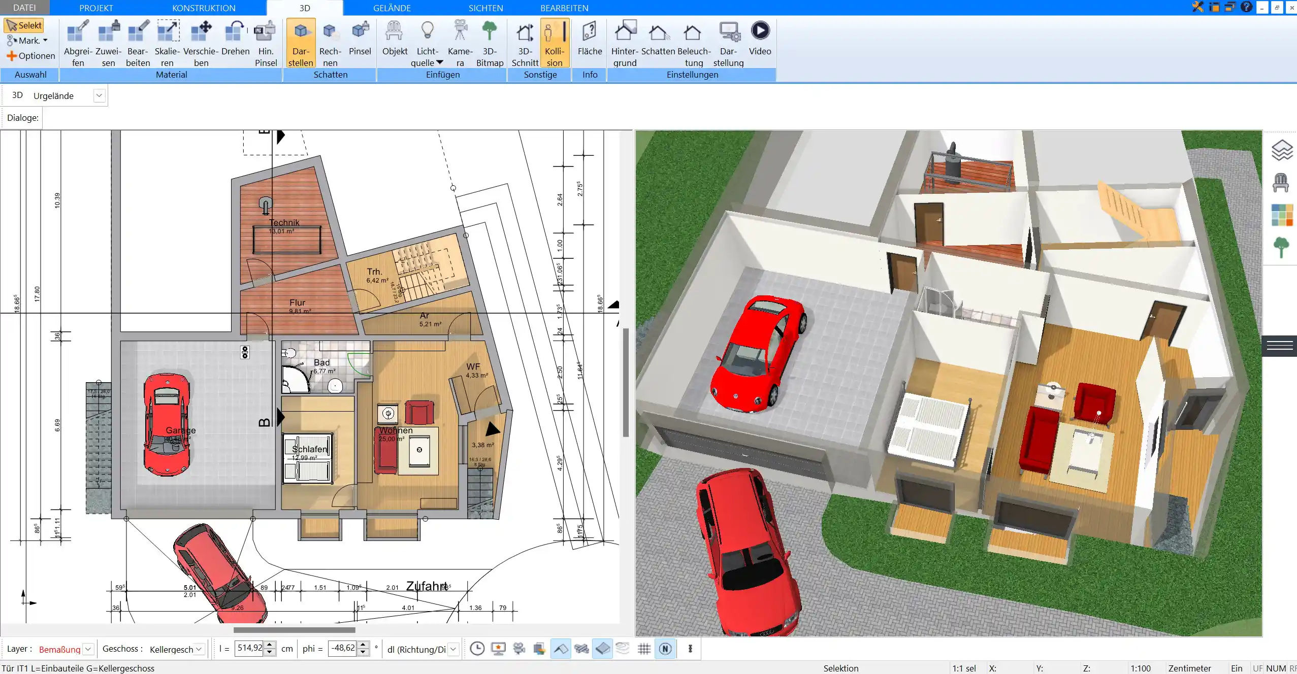 3D-Visualisierung in Plan7Architekt Sonneneinstrahlung und Tageslichtverteilung im gesamten Gebäude