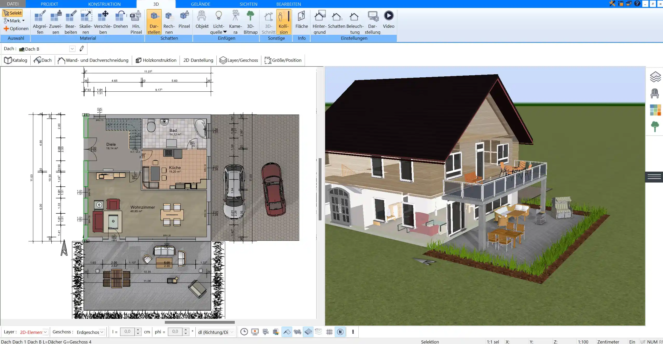 Beispiel-Grundriss L-förmiger Grundriss für eine offene Wohnküche, erstellt mit der Plan7Architekt-Software