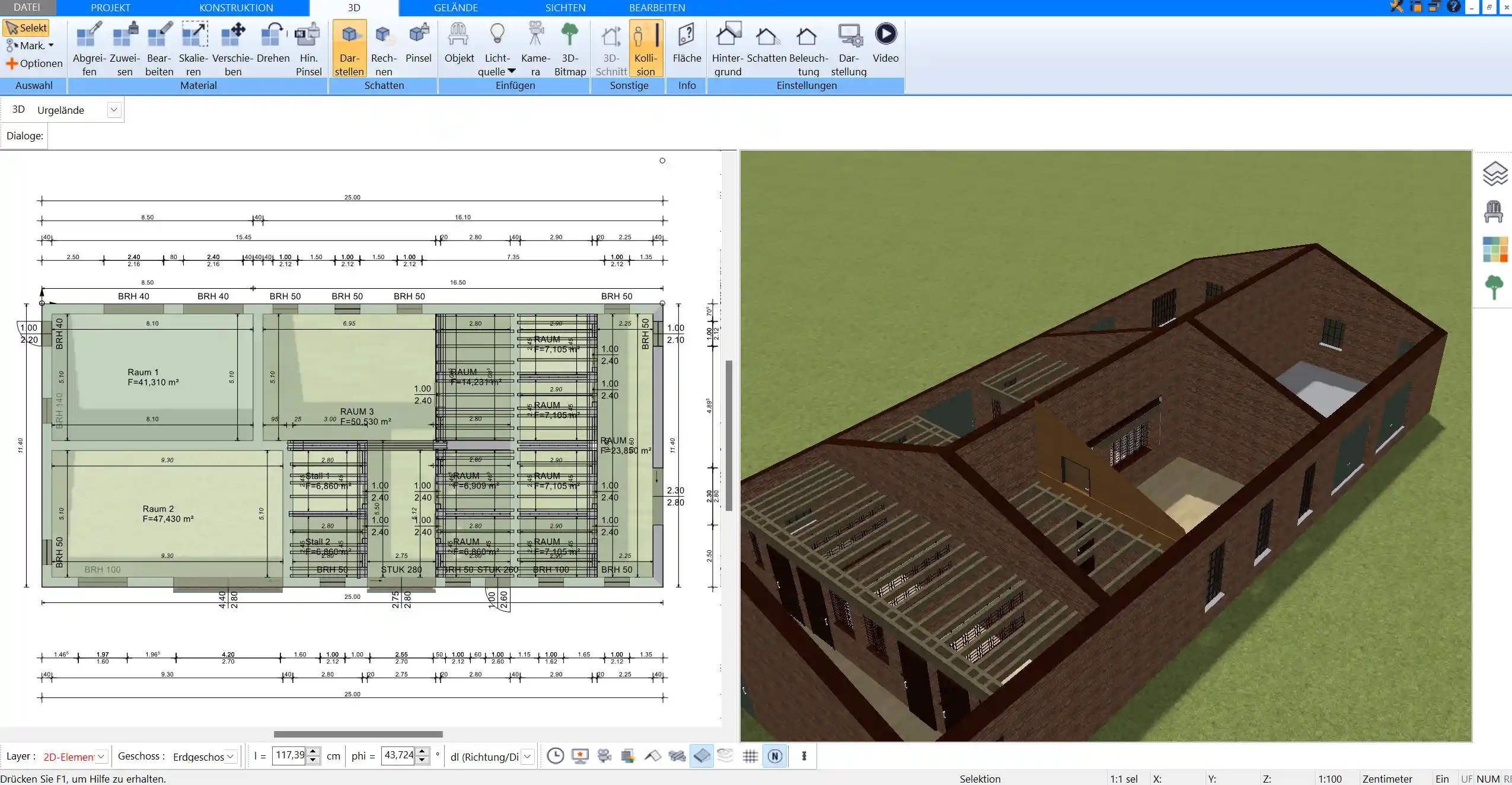 Betrachten Sie die Produktionshalle in der 3D-Ansicht, um die Raumaufteilung und Maschinenpositionen realistisch zu überprüfen