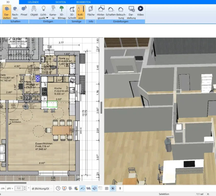 Das Bild zeigt die Software-Ansicht zur Festlegung der gesamten Wohnfläche, mit eingegebenen Quadratmetern und Abmessungen der Wohnung