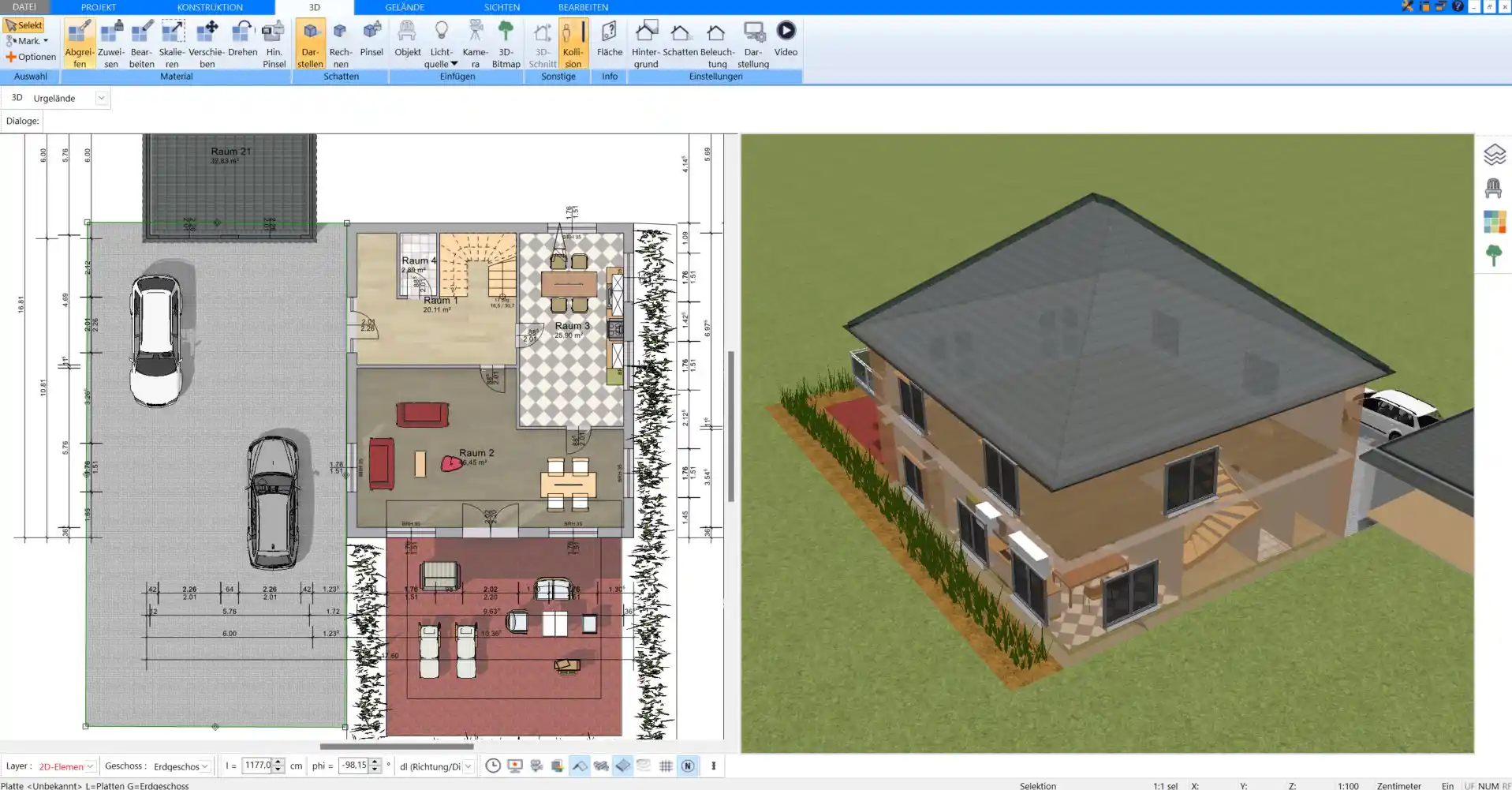 Der fertige Strohhaus-Grundriss als 3D-Visualisierung, erstellt mit dem Plan7Architekt