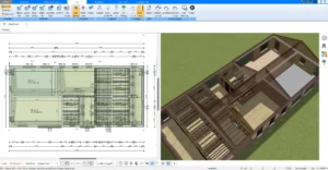 Die grundlegende 2D-Planung der Werkstatt mit allen wichtigen Elementen wie Wänden, Türen und Fenstern