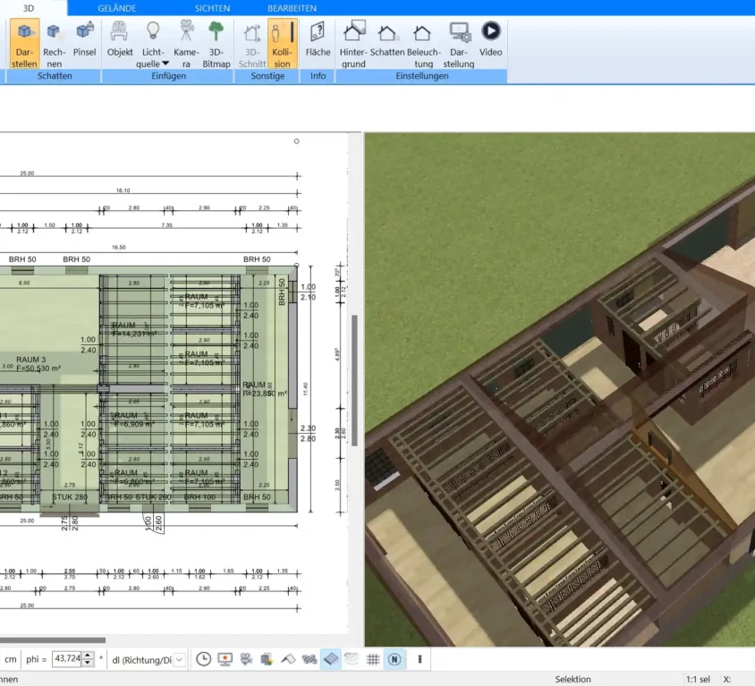 Die grundlegende 2D-Planung der Werkstatt mit allen wichtigen Elementen wie Wänden, Türen und Fenstern