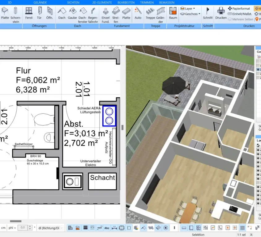 Dieses Bild zeigt den Start eines neuen Projekts in der Plan7Architekt-Software, inklusive Anpassungen von Maßeinheiten und Raumgrößen