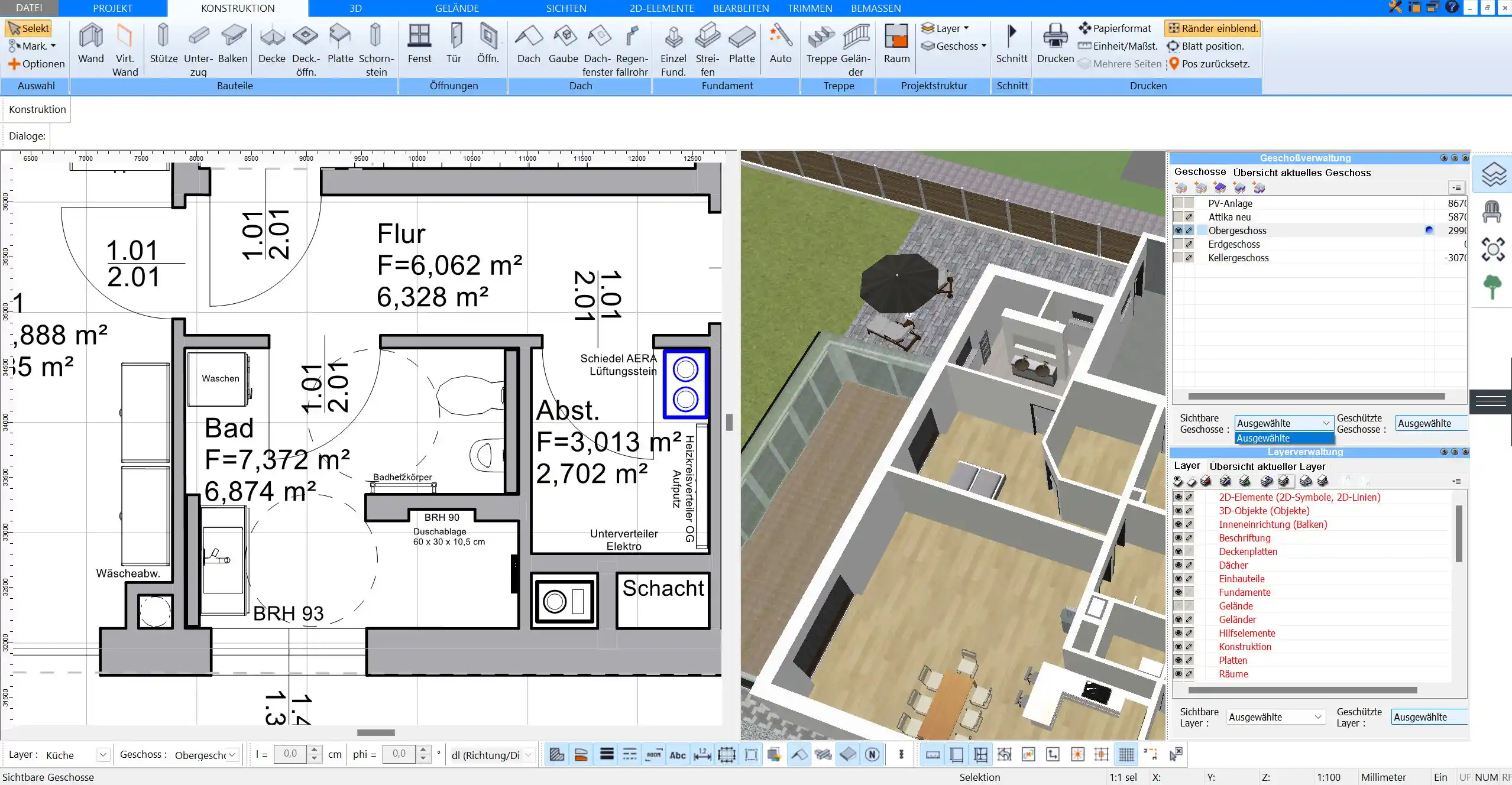 Dieses Bild zeigt den Start eines neuen Projekts in der Plan7Architekt-Software, inklusive Anpassungen von Maßeinheiten und Raumgrößen