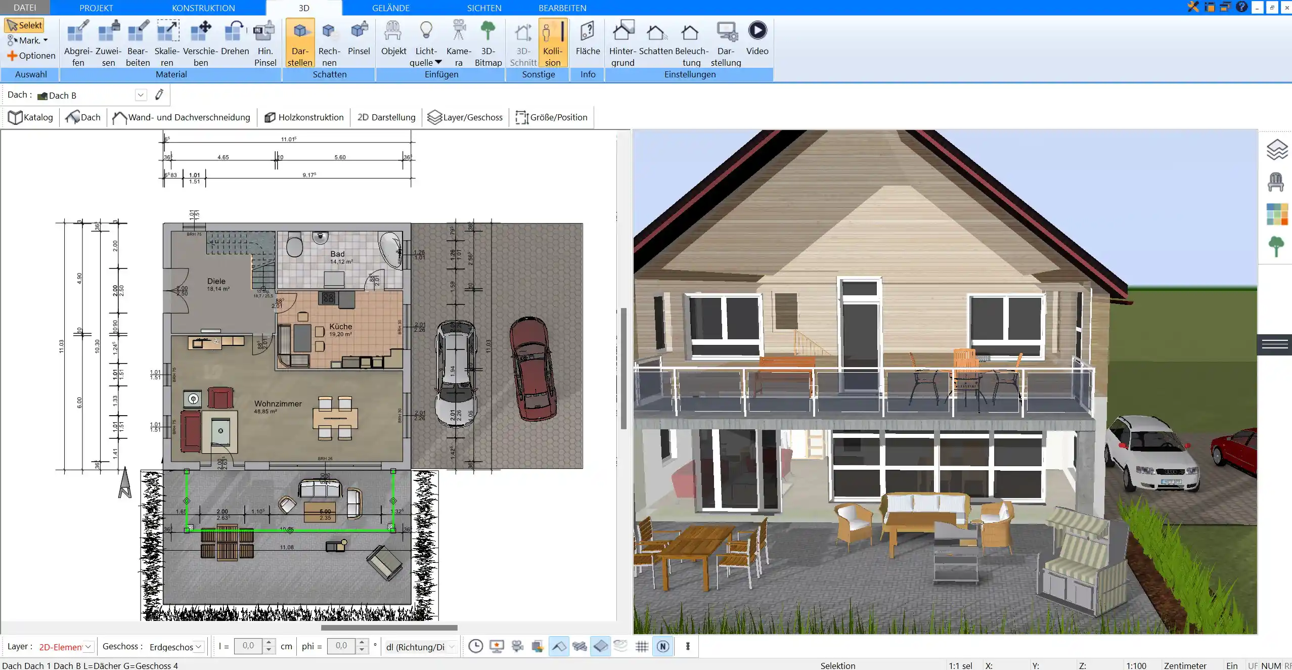 Ein detaillierter Grundriss eines Wohnzimmers, erstellt mit der Plan7Architekt-Software