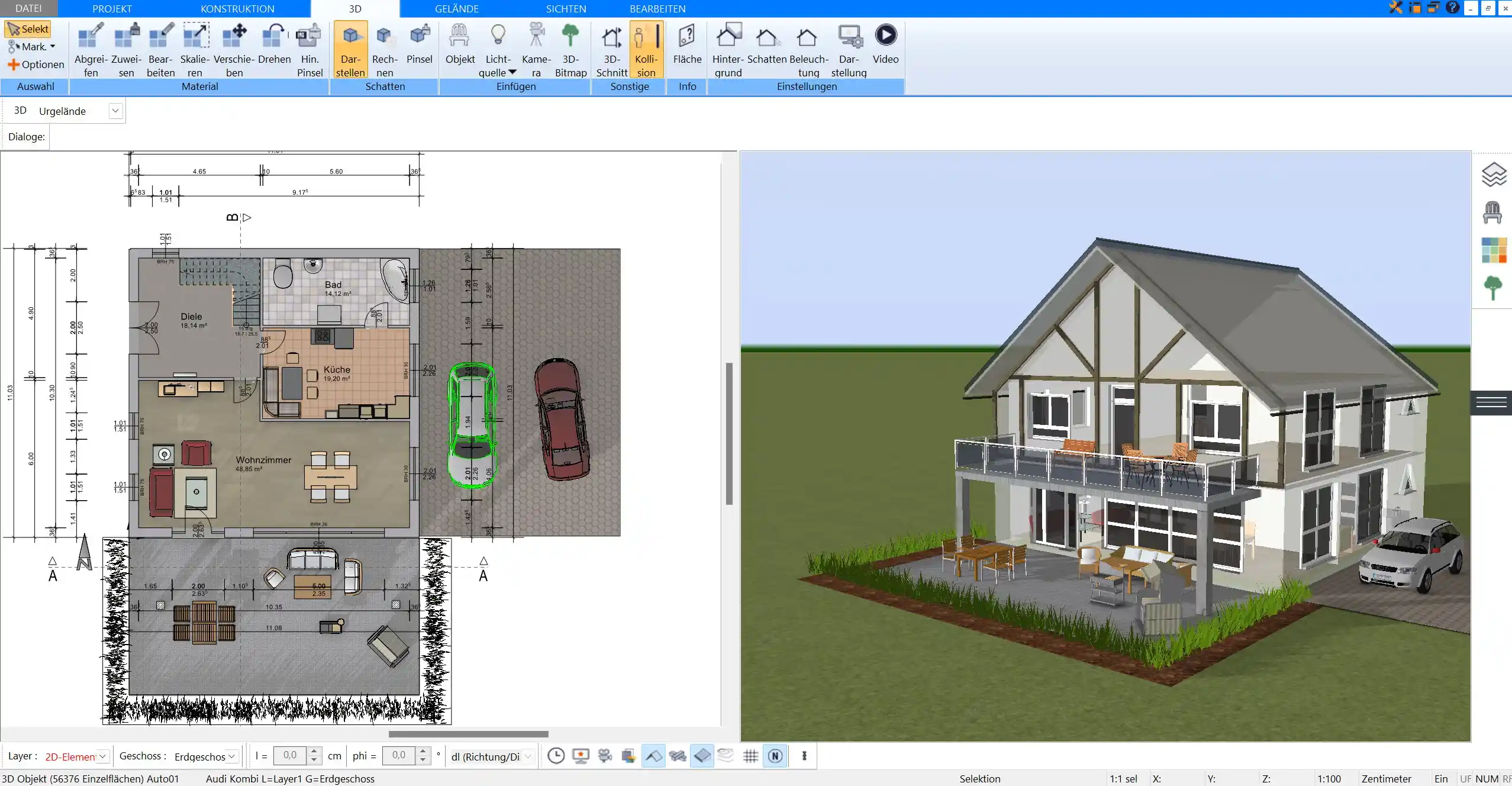 Eine 3D-Ansicht des fertigen mediterranen Hauses, komplett geplant mit Plan7Architekt