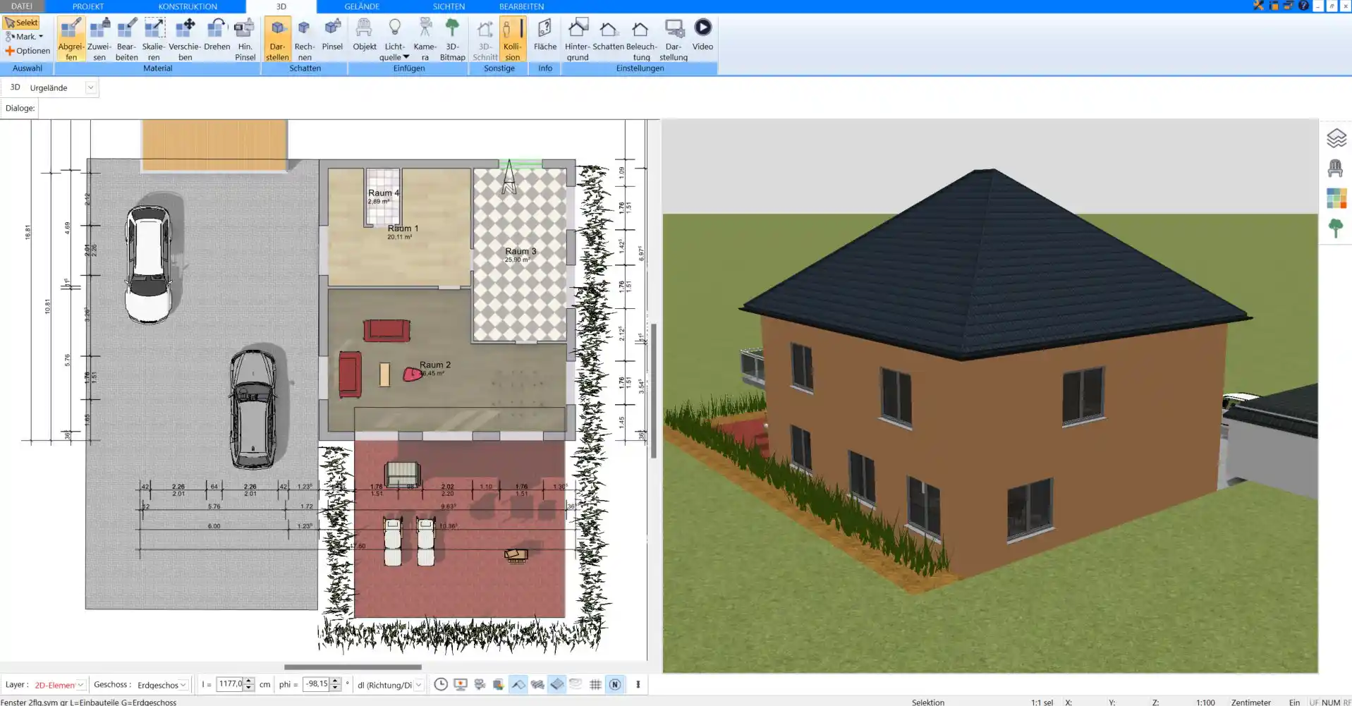 Eine in der Plan7Architekt-Software erstellte 3D-Ansicht des Grundrisses – ideal für virtuelle Rundgänge durch Ihr Bausatzhaus