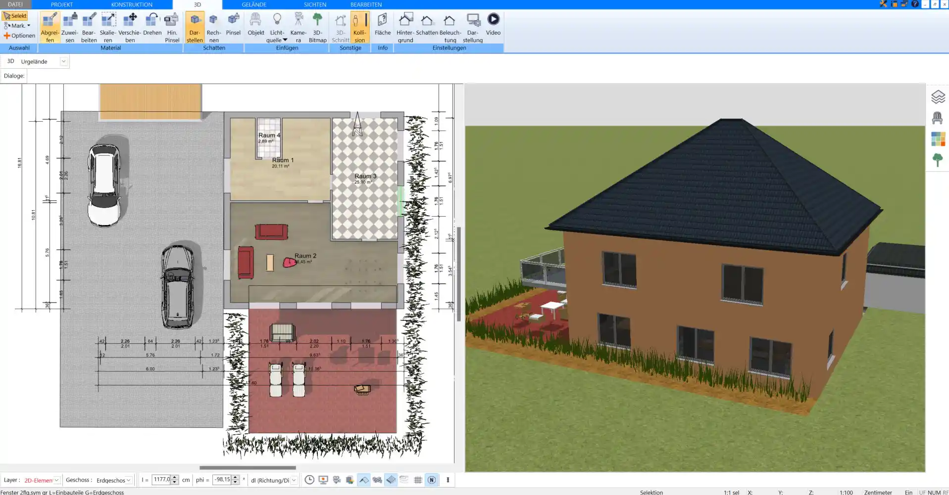 Erhalten Sie eine komplette 3D-Ansicht Ihres bezugsfertigen Hauses, erstellt mit Plan7Architekt