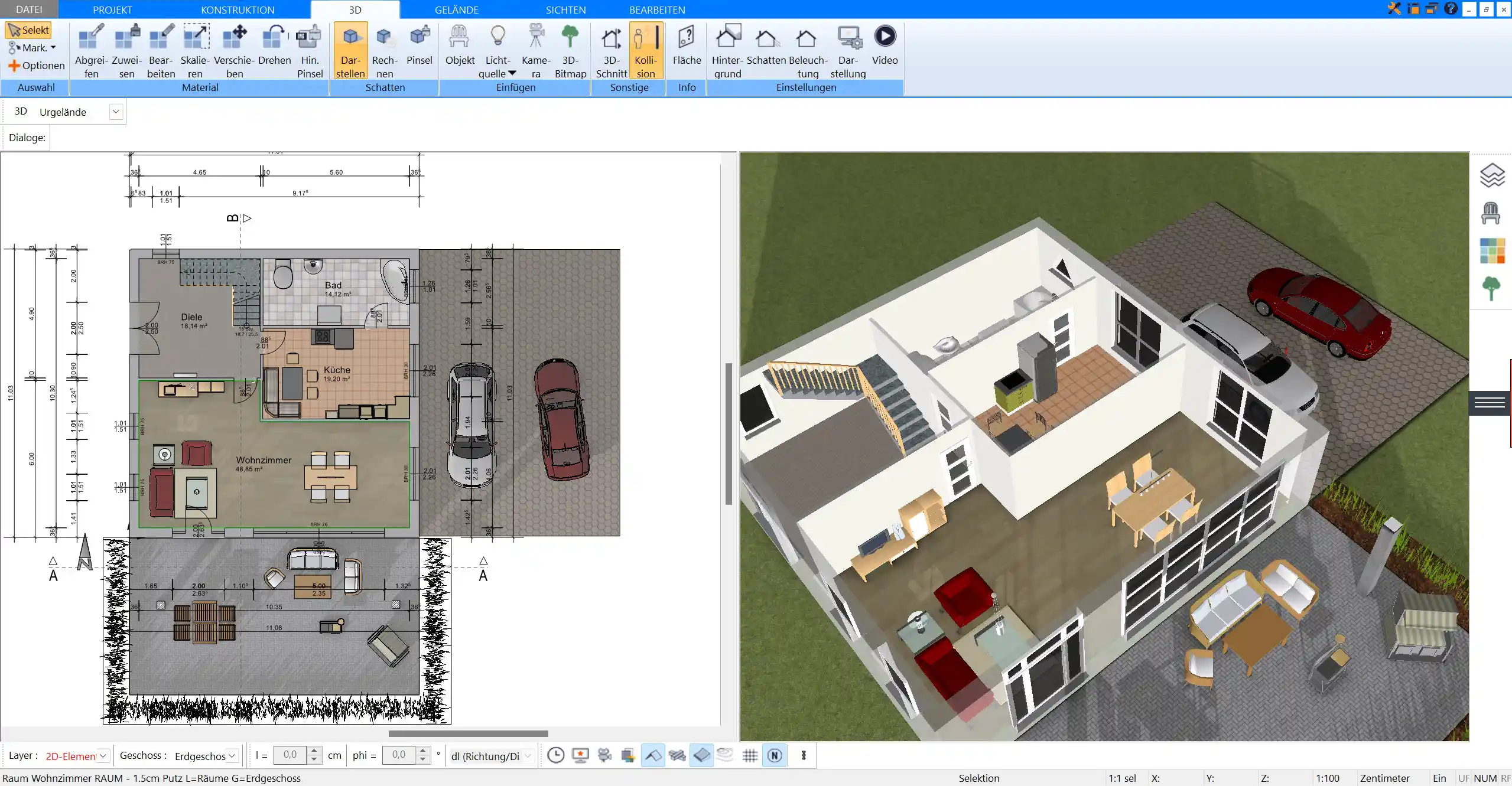 Grundriss des Selbstbauhauses in 2D erstellt mit Plan7Architekt