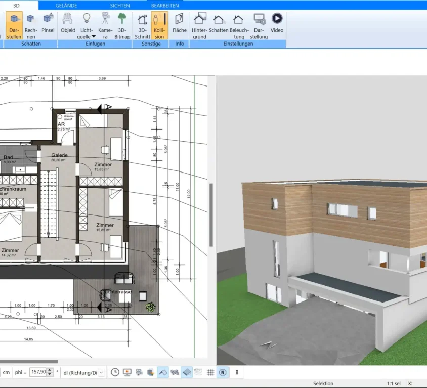 Grundriss eines Sonnenhauses mit Südausrichtung – Erstellt mit der Plan7Architekt Software zur optimalen Sonnenausnutzung