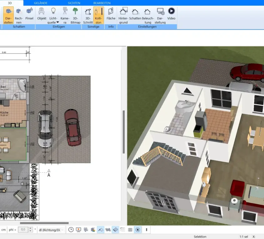 Grundriss in 2D erstellen – Ein klarer und detaillierter Grundriss eines Wohnzimmers, erstellt in der Plan7Architekt Software, zeigt die Basisplanung in der 2D-Ansicht