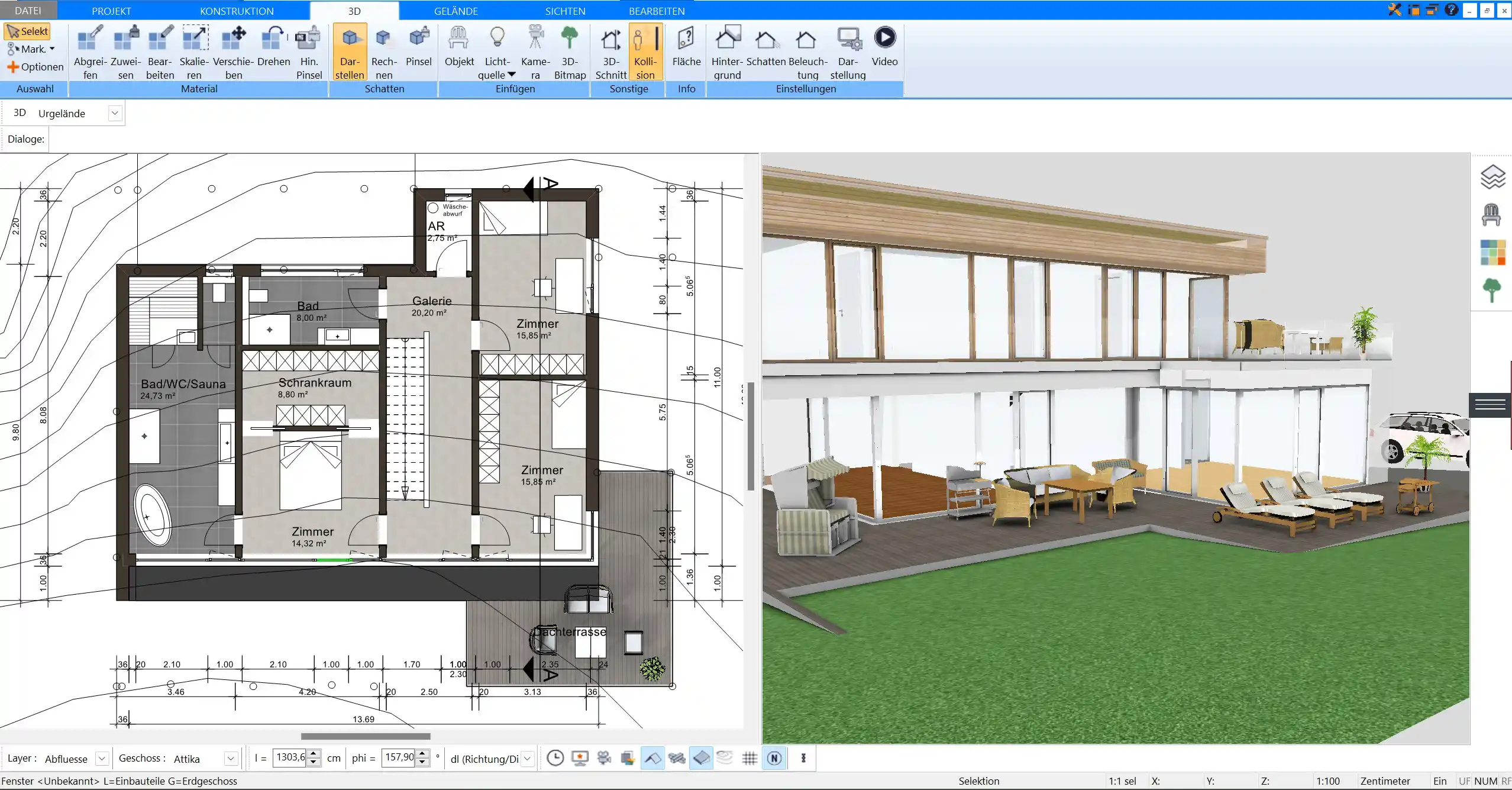 Individuelle Raumgestaltung rund um das Atrium Verschiedene Raumvarianten und Einrichtungsoptionen, geplant mit Plan7Architekt.