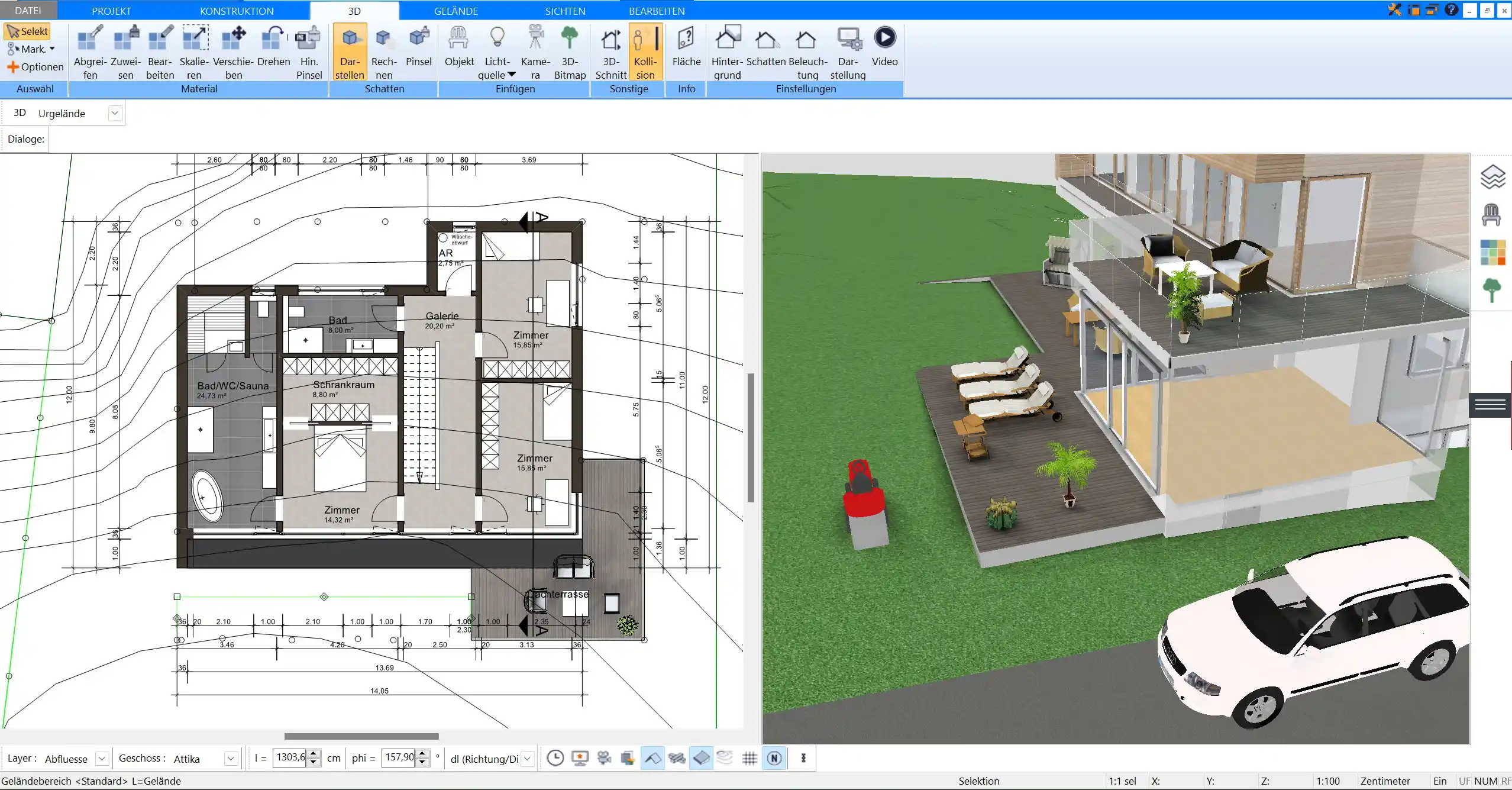 Kompakte 2D- und 3D-Ansicht des Weinkellers – erstellt mit Plan7Architekt