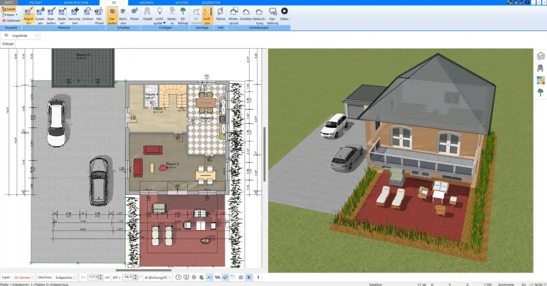 Kompletter Schlafzimmer-Grundriss in 2D und 3D, erstellt mit dem Plan7Architekt