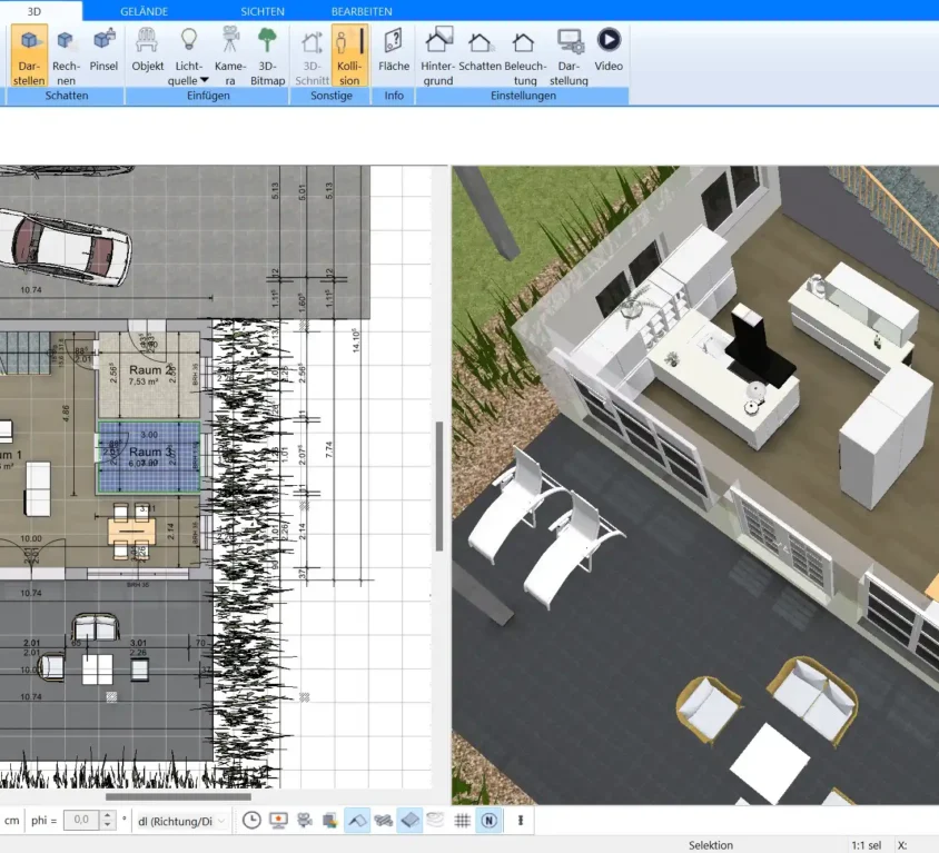 Mit Plan7Architekt erstellte Visualisierung eines optimierten Grundrisses für ein Tiny House